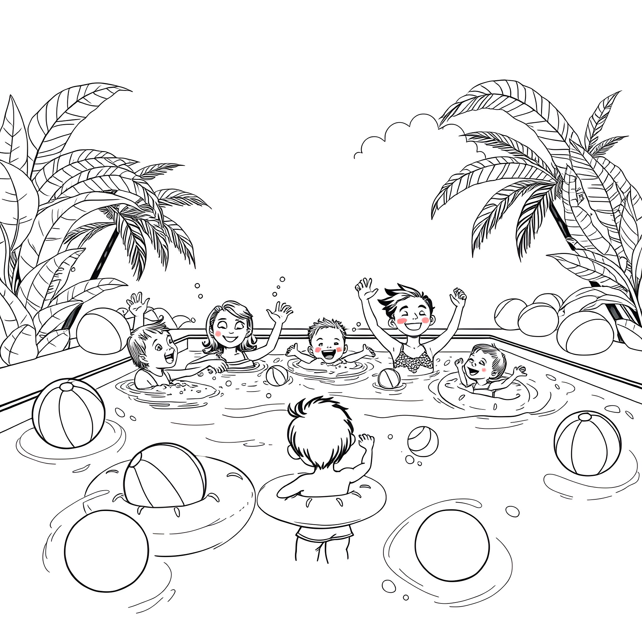 Kid enjoying pool party with friends on tropical island Coloring Page (free black-and-white line drawing printable PDF for all, from beginners to advanced learners, including children, teens, adults, and seniors)