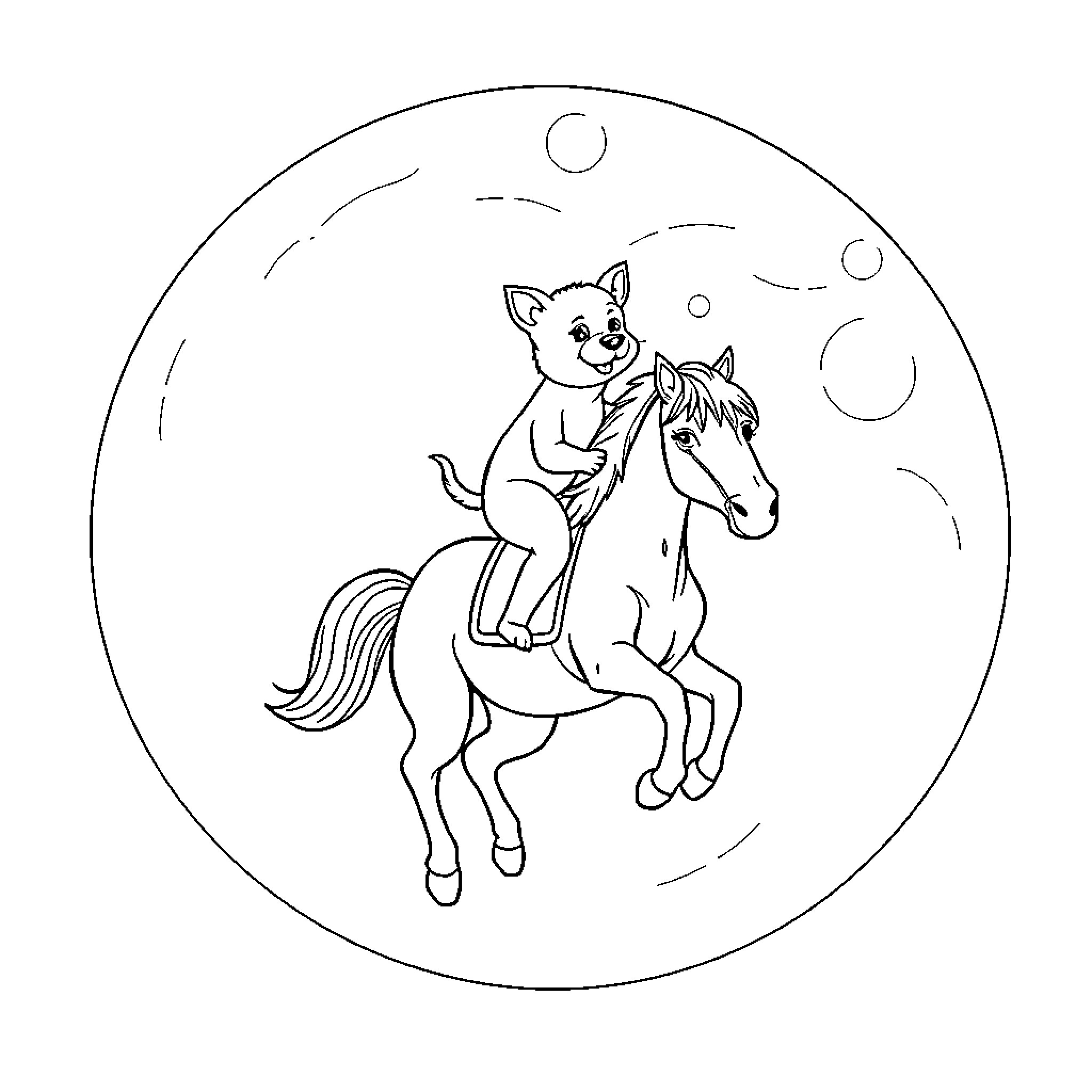 Dog riding playfully on horse in the moonlight Coloring Page (free black-and-white line drawing printable PDF for all, from beginners to advanced learners, including children, teens, adults, and seniors)