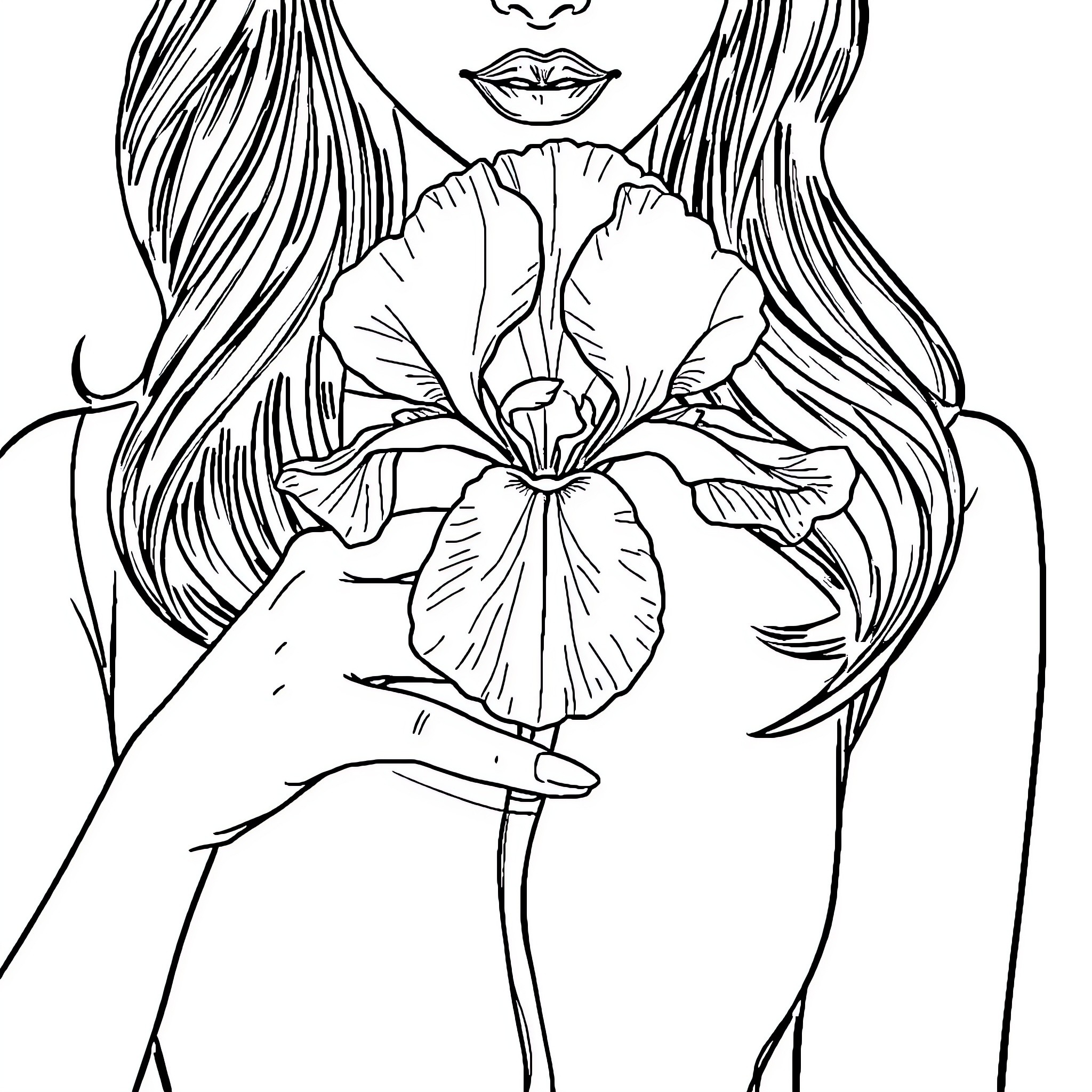 Iris Fairy Embracing Elegant Flower Coloring Page (free black-and-white line drawing printable PDF for all, from beginners to advanced learners, including children, teens, adults, and seniors)
