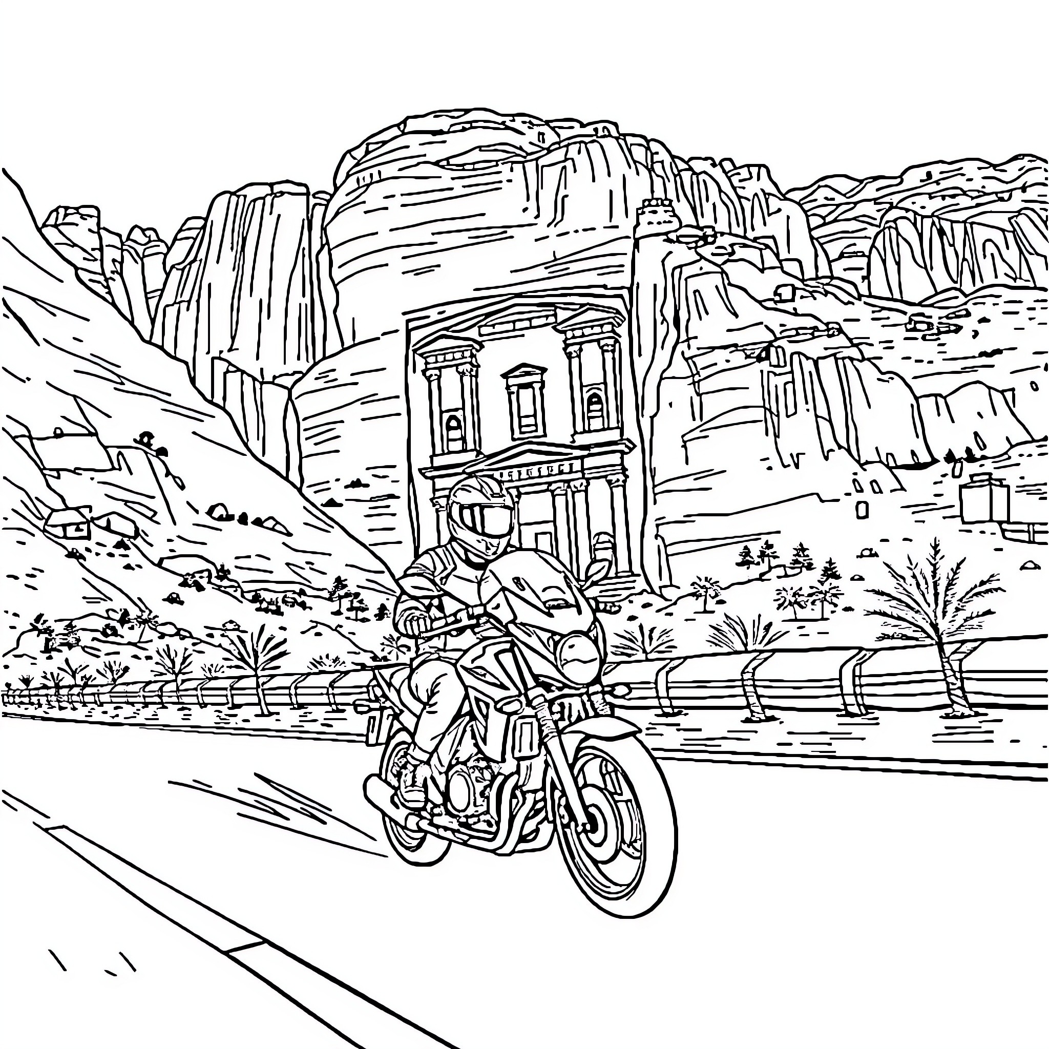 Motorcyclist riding through a scenic mountain landscape Coloring Page (free black-and-white line drawing printable PDF for all, from beginners to advanced learners, including children, teens, adults, and seniors)