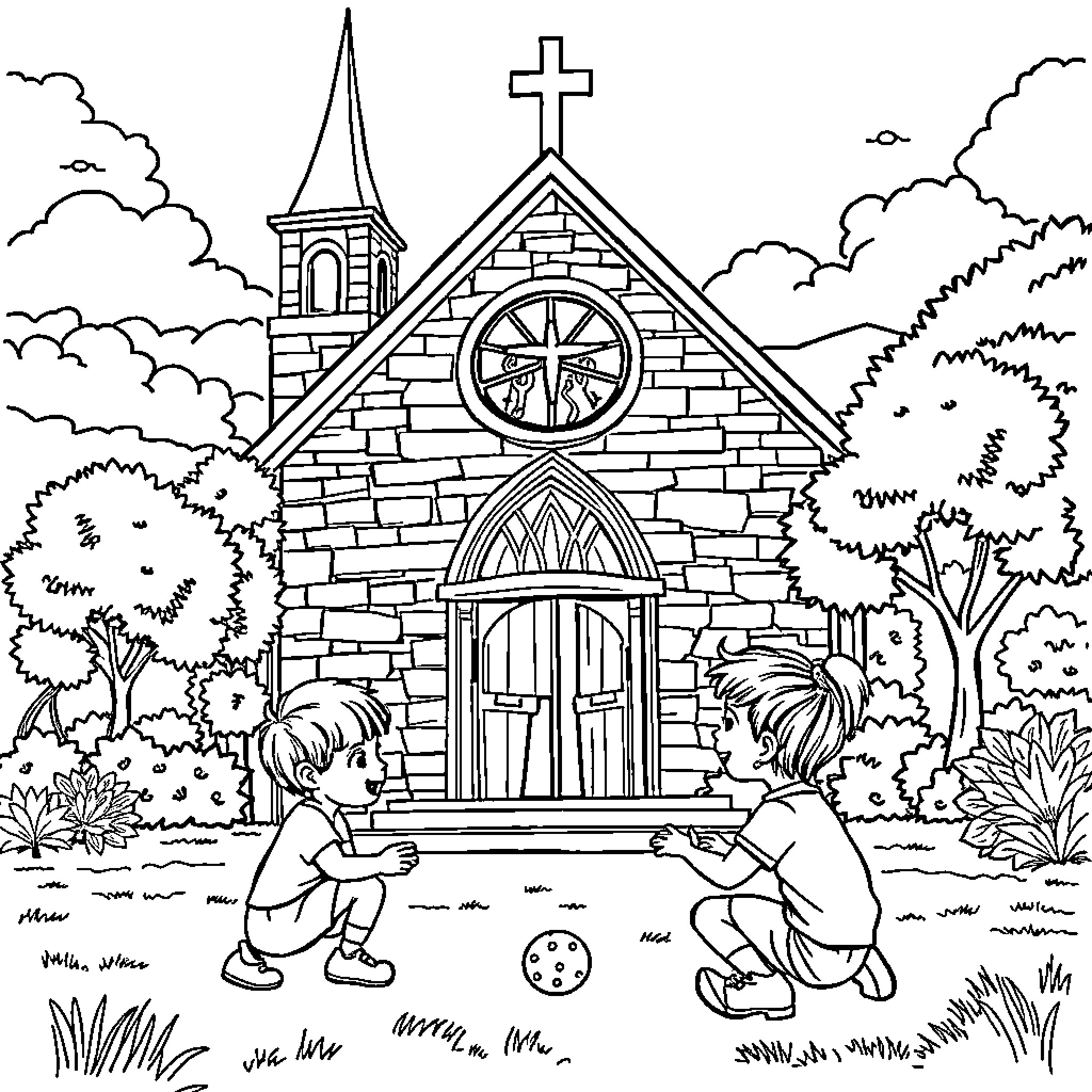 Kids playing soccer near stone church Coloring Page (free black-and-white line drawing printable PDF for all, from beginners to advanced learners, including children, teens, adults, and seniors)