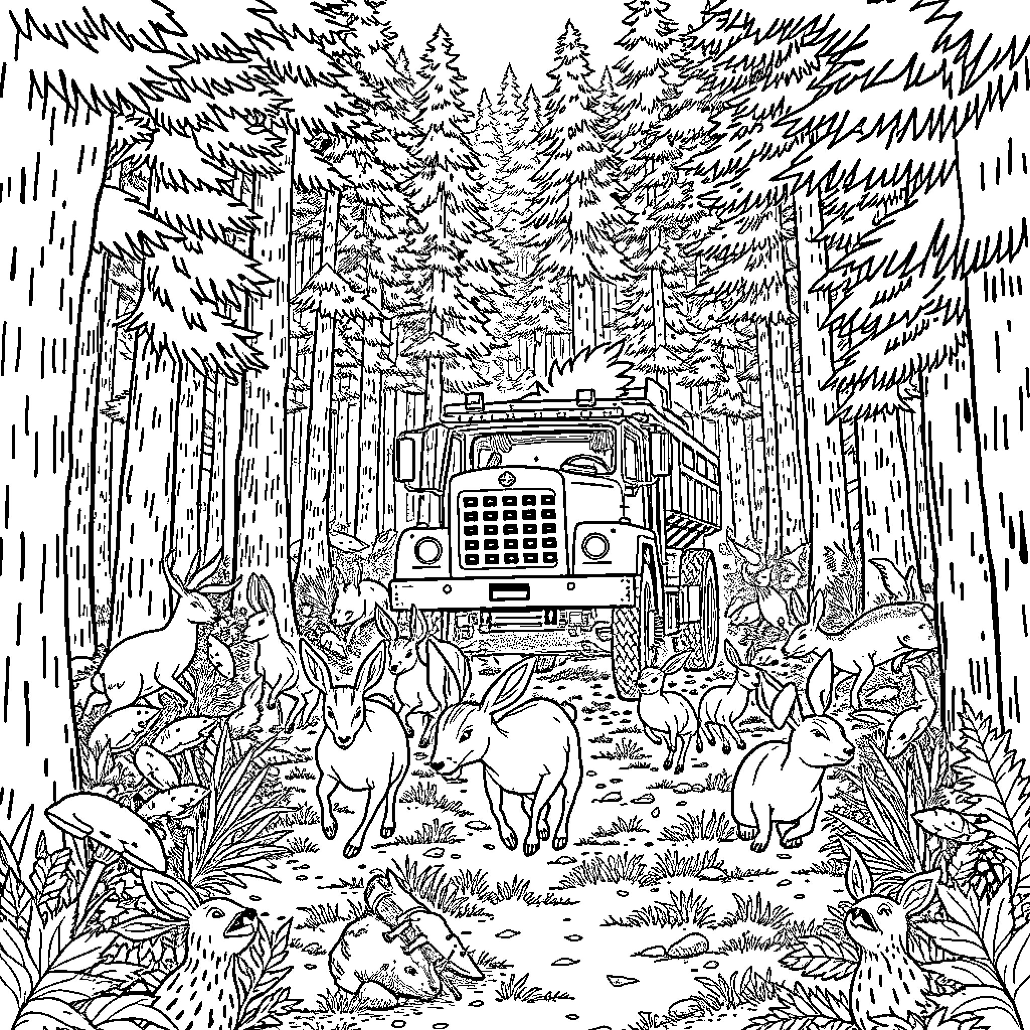 Animal Forest Expedition with Woodland Creatures Coloring Page (free black-and-white line drawing printable PDF for all, from beginners to advanced learners, including children, teens, adults, and seniors)