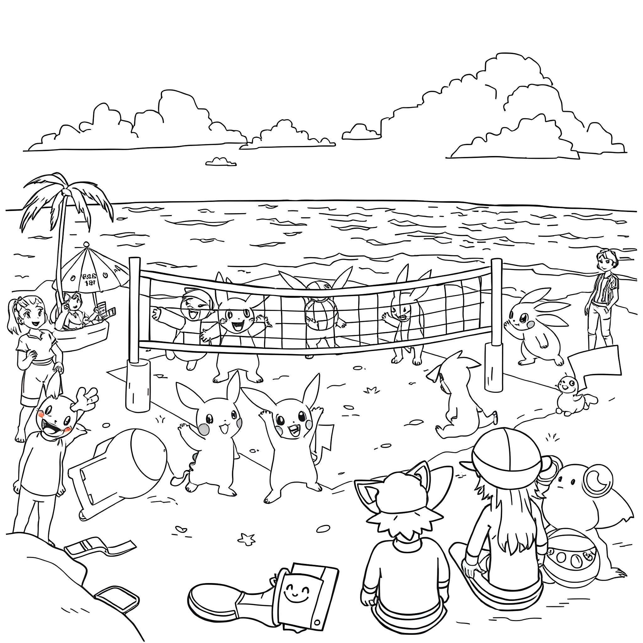 Pokémon playing beach volleyball on a sunny day Coloring Page (free black-and-white line drawing printable PDF for all, from beginners to advanced learners, including children, teens, adults, and seniors)