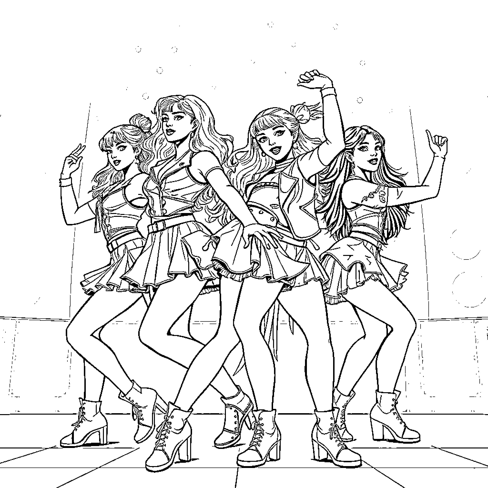 K Pop Warrior Performers in Energetic Dance Routine Coloring Page (free black-and-white line drawing printable PDF for all, from beginners to advanced learners, including children, teens, adults, and seniors)