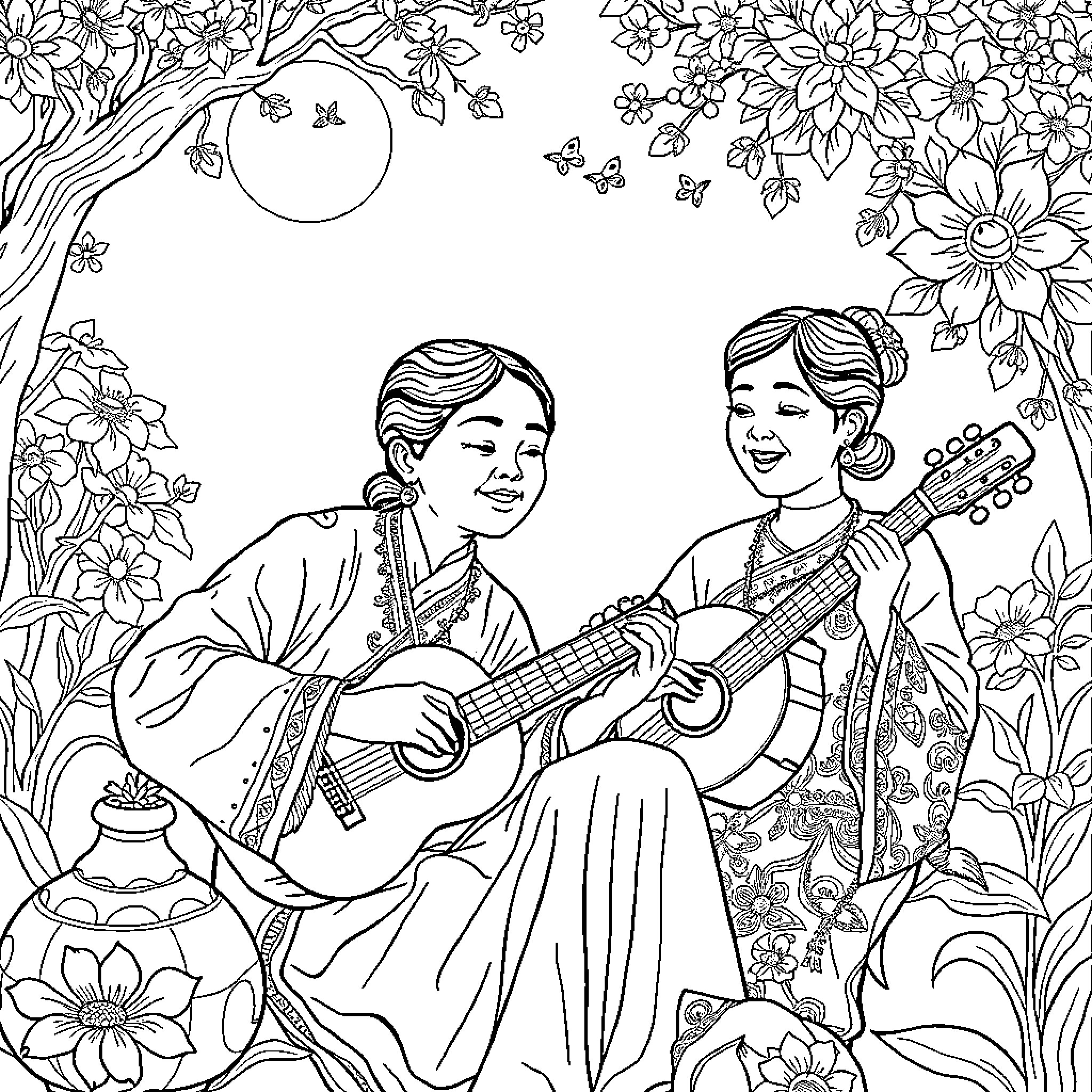 Tung Tung Performing With Guitar in Floral Scene Coloring Page (free black-and-white line drawing printable PDF for all, from beginners to advanced learners, including children, teens, adults, and seniors)
