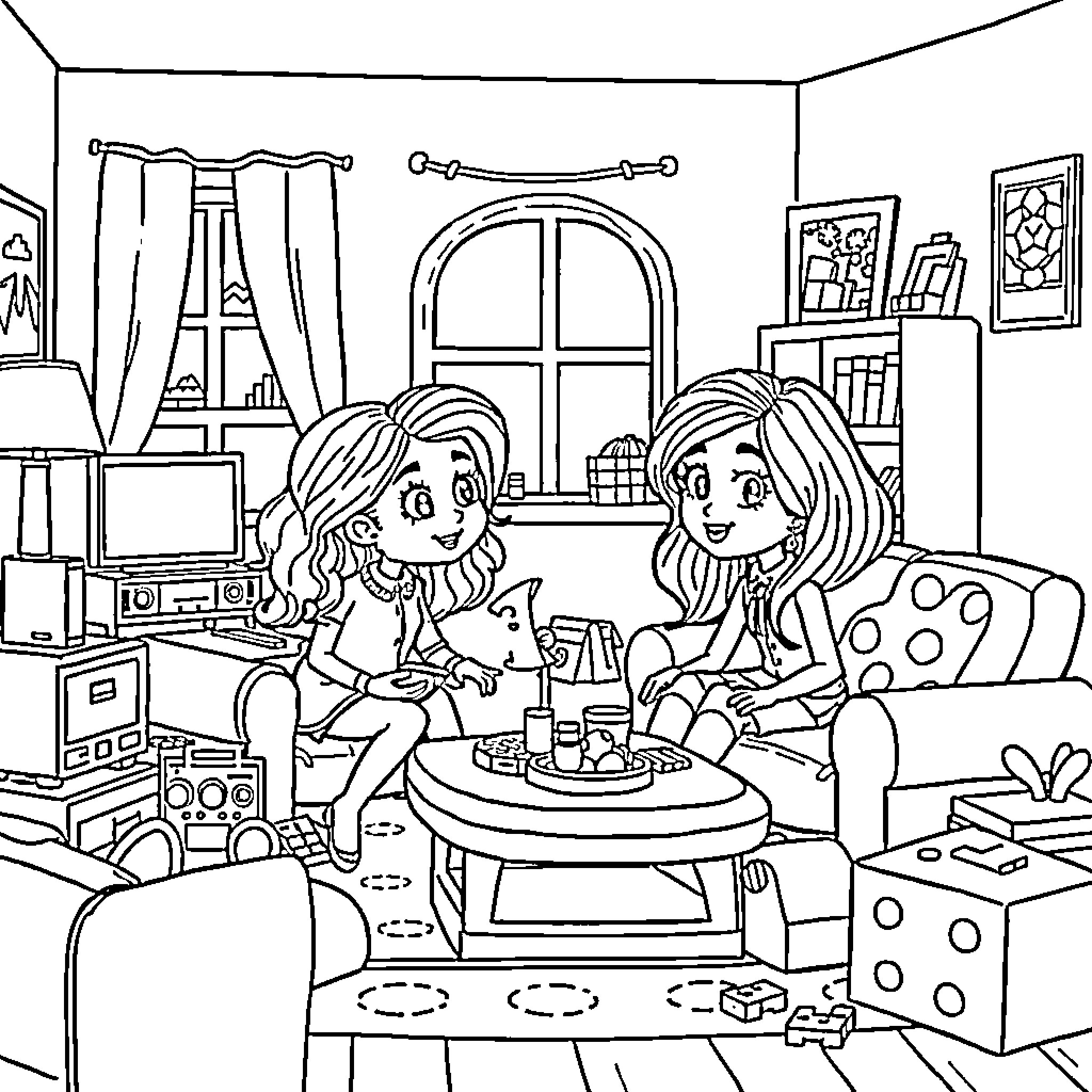 Gabby's Cozy Chat with Friend in Bedroom Coloring Page (free black-and-white line drawing printable PDF for all, from beginners to advanced learners, including children, teens, adults, and seniors)