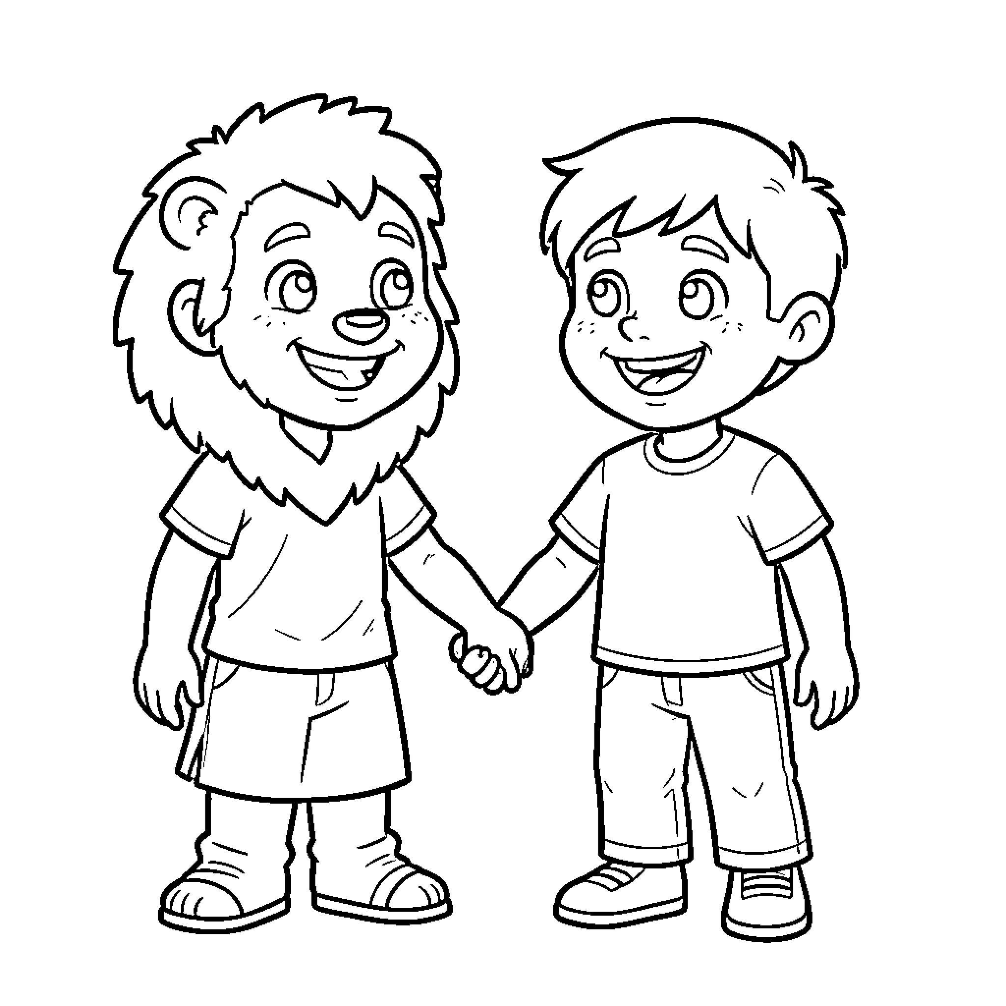 Leo-O Cartoon Friends Holding Hands Coloring Page (free black-and-white line drawing printable PDF for all, from beginners to advanced learners, including children, teens, adults, and seniors)
