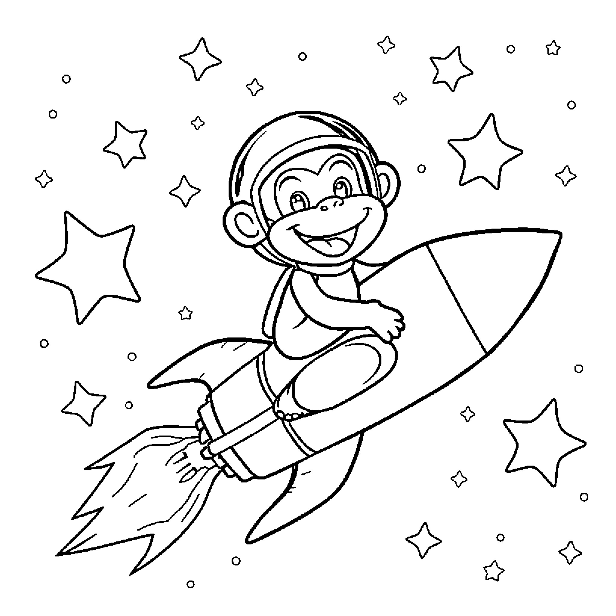Monkey riding a rocket through the stars Coloring Page (free black-and-white line drawing printable PDF for all, from beginners to advanced learners, including children, teens, adults, and seniors)