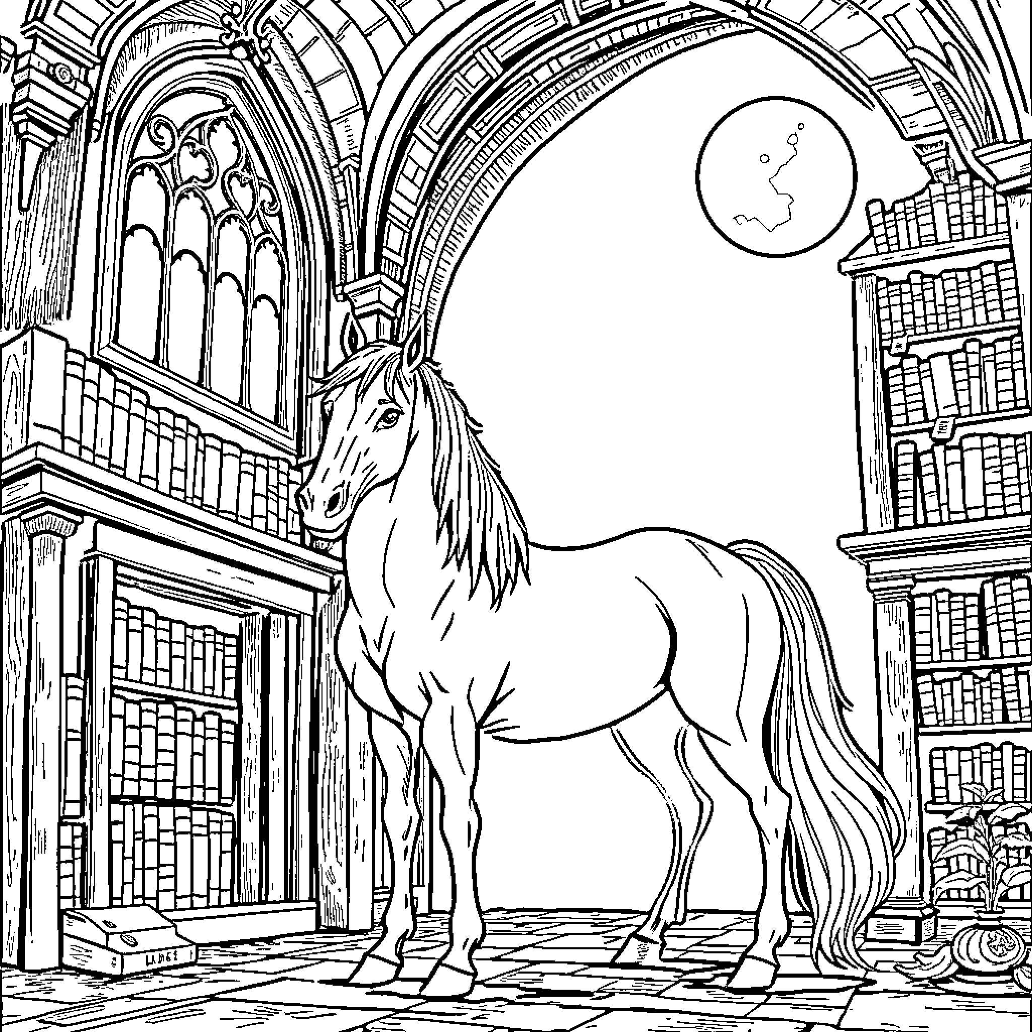 Headless Horseman riding a majestic horse in a mysterious library Coloring Page (free black-and-white line drawing printable PDF for all, from beginners to advanced learners, including children, teens, adults, and seniors)