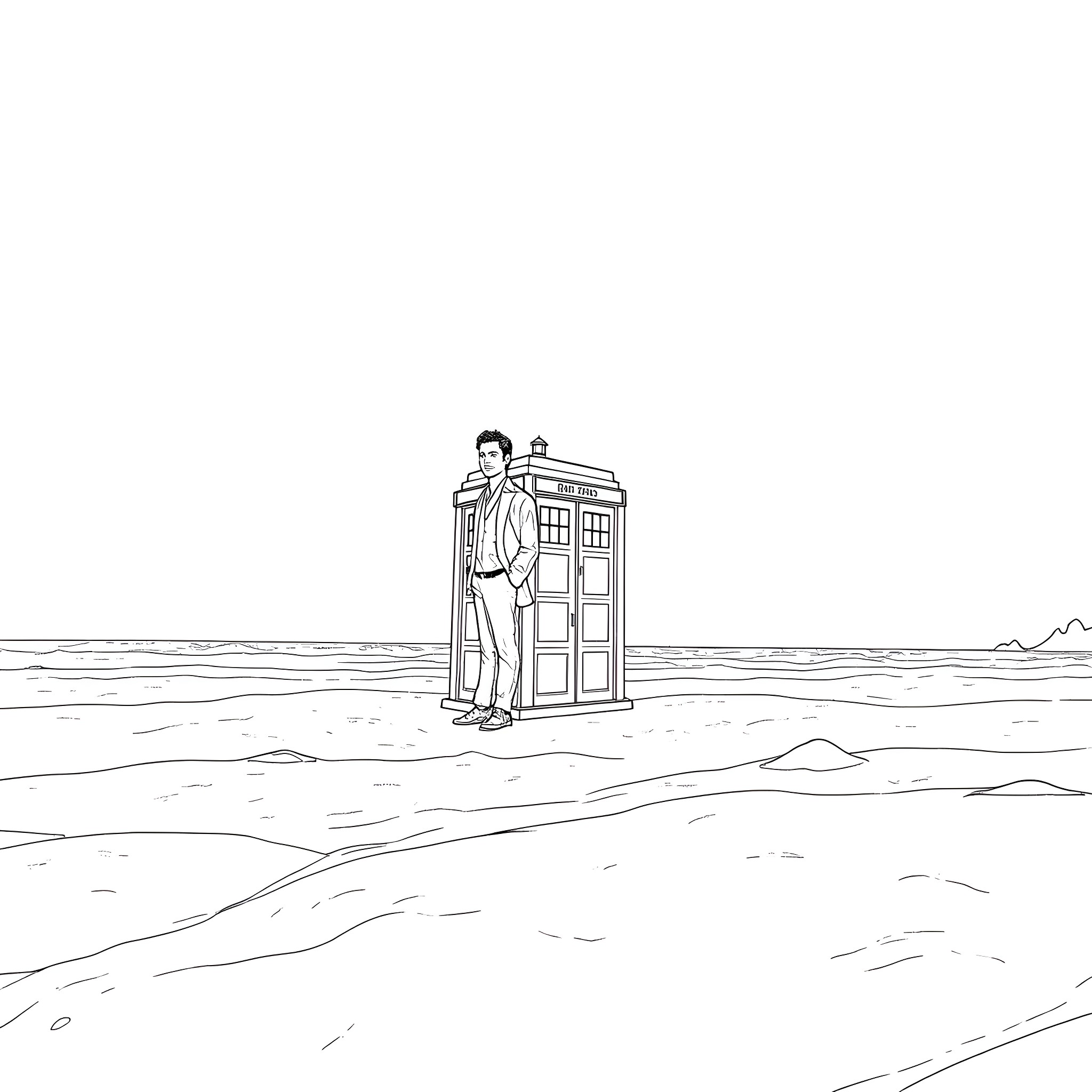 Doctor in Iconic Time Machine Stands Alone Coloring Page (free black-and-white line drawing printable PDF for all, from beginners to advanced learners, including children, teens, adults, and seniors)