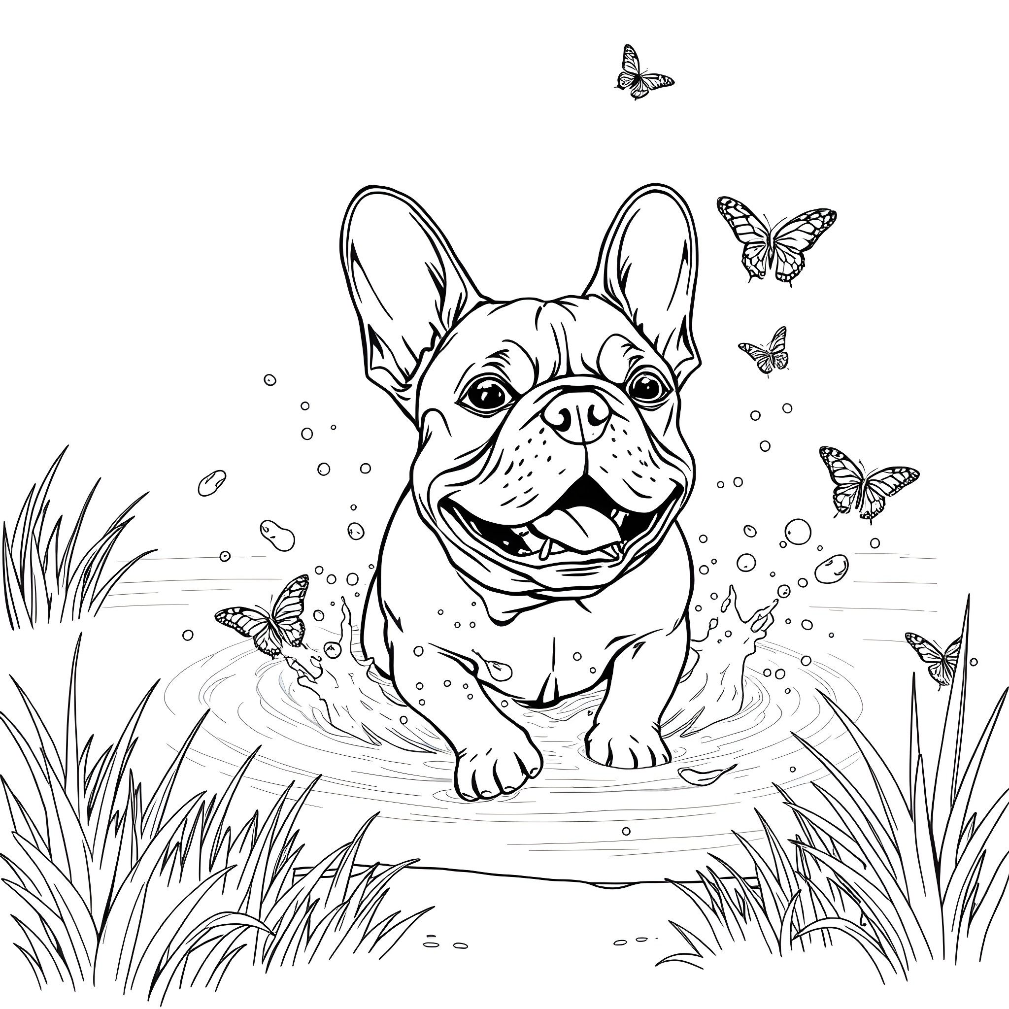 French Bulldog playing with butterflies in grass Coloring Page (free black-and-white line drawing printable PDF for all, from beginners to advanced learners, including children, teens, adults, and seniors)