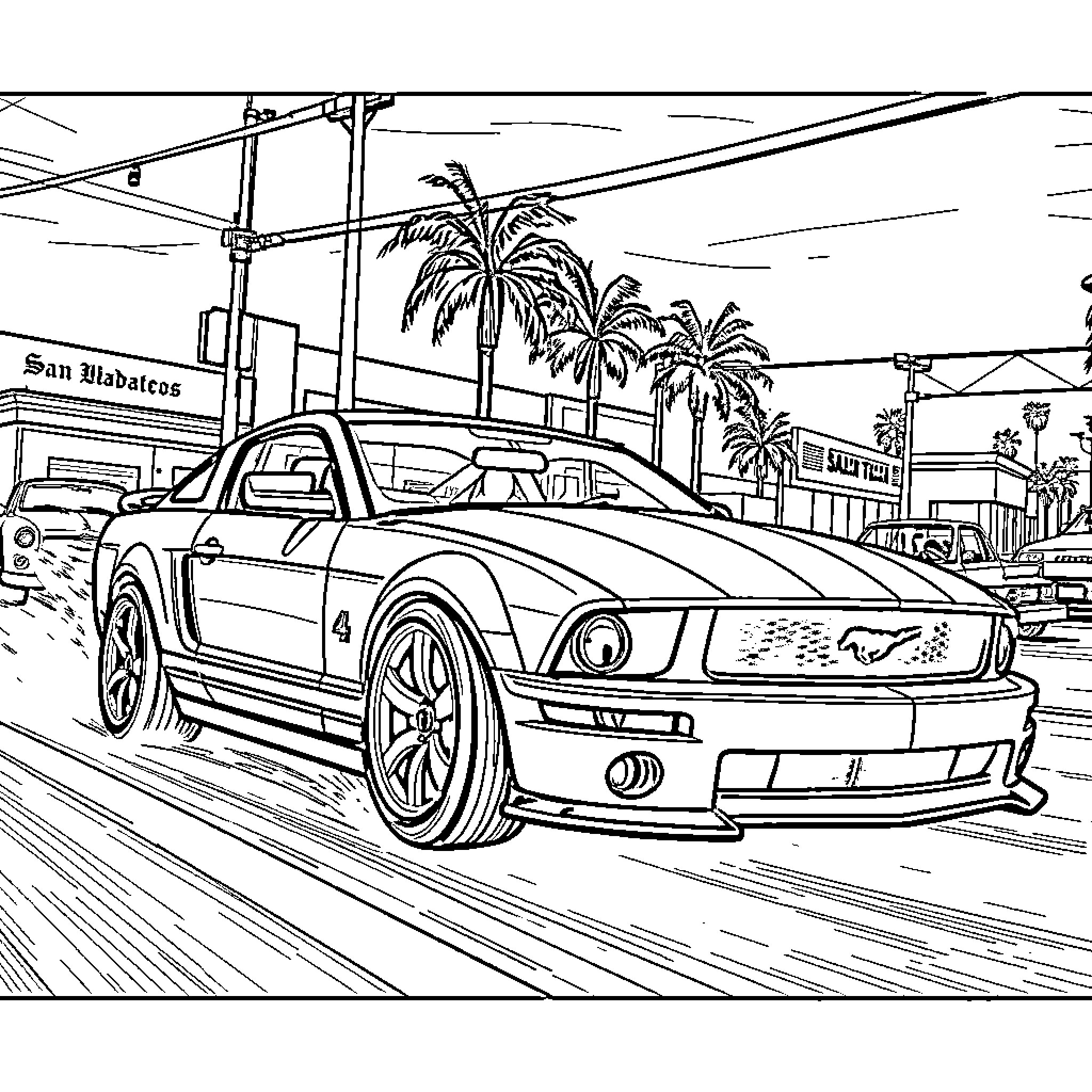 Mustang racing through palm-lined city streets Coloring Page (free black-and-white line drawing printable PDF for all, from beginners to advanced learners, including children, teens, adults, and seniors)