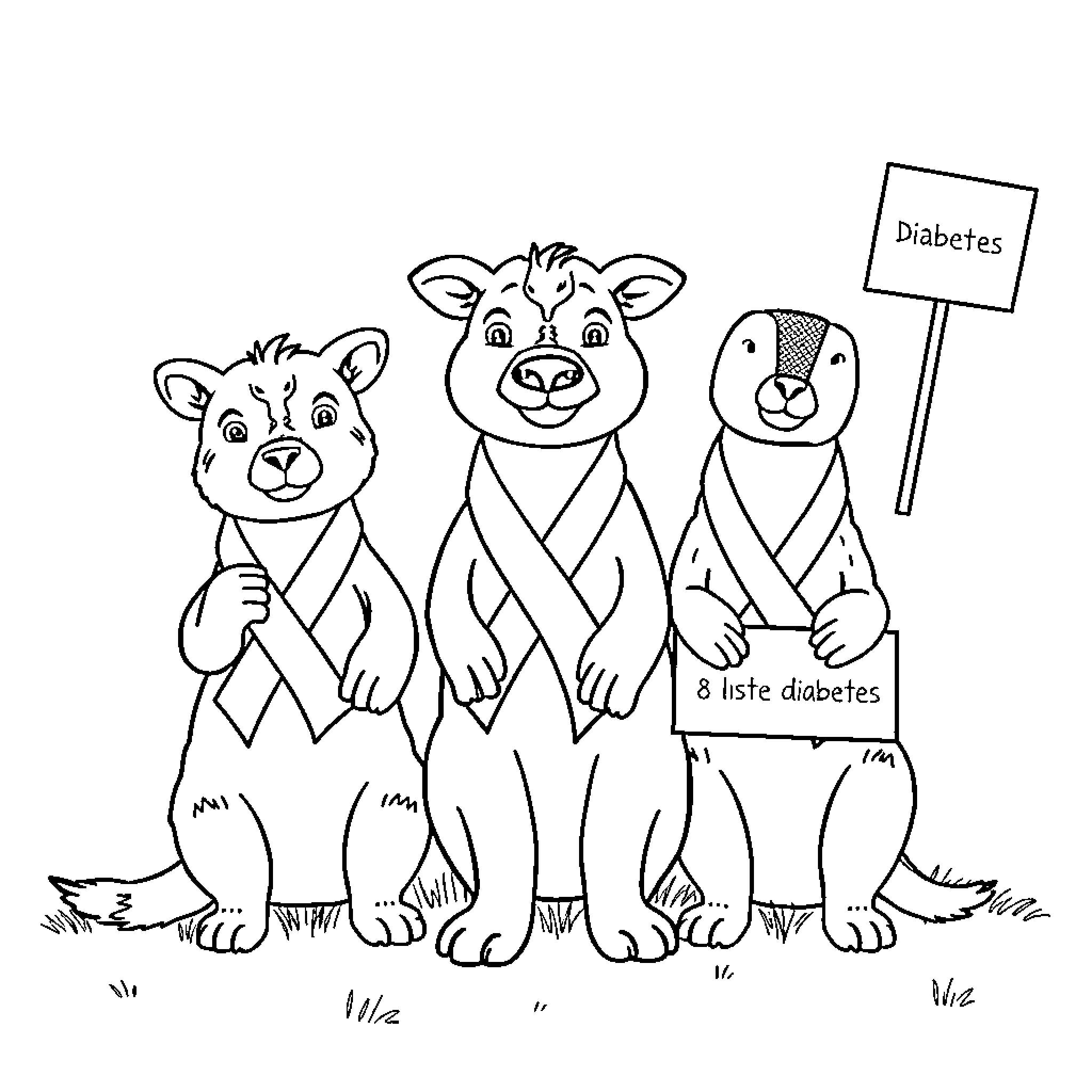 Animals raising awareness about diabetes Coloring Page (free black-and-white line drawing printable PDF for all, from beginners to advanced learners, including children, teens, adults, and seniors)