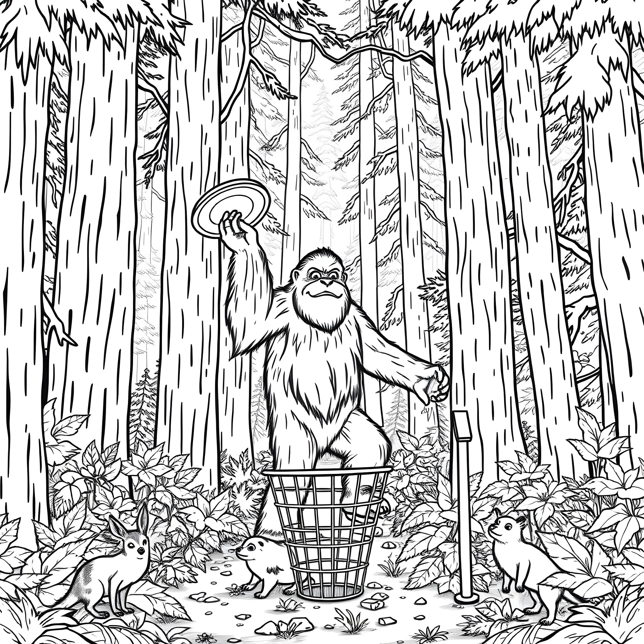 Bigfoot foraging for mushrooms in the enchanted forest Coloring Page (free black-and-white line drawing printable PDF for all, from beginners to advanced learners, including children, teens, adults, and seniors)