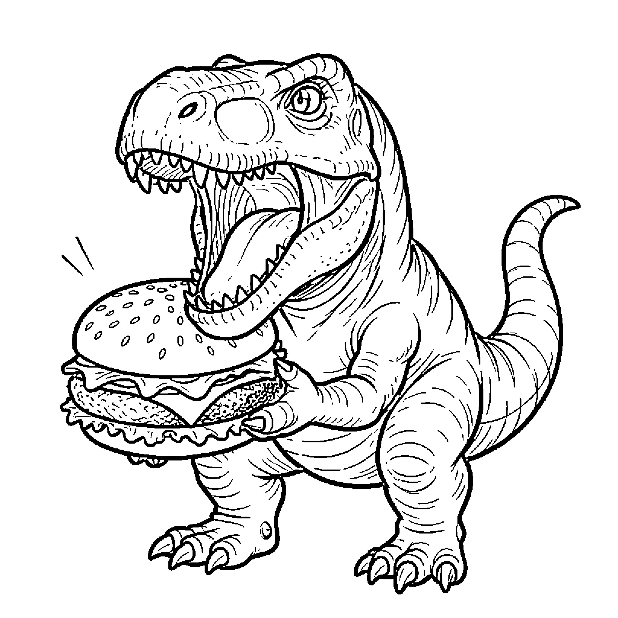 Dinosaur enjoys a tasty burger Coloring Page (free black-and-white line drawing printable PDF for all, from beginners to advanced learners, including children, teens, adults, and seniors)