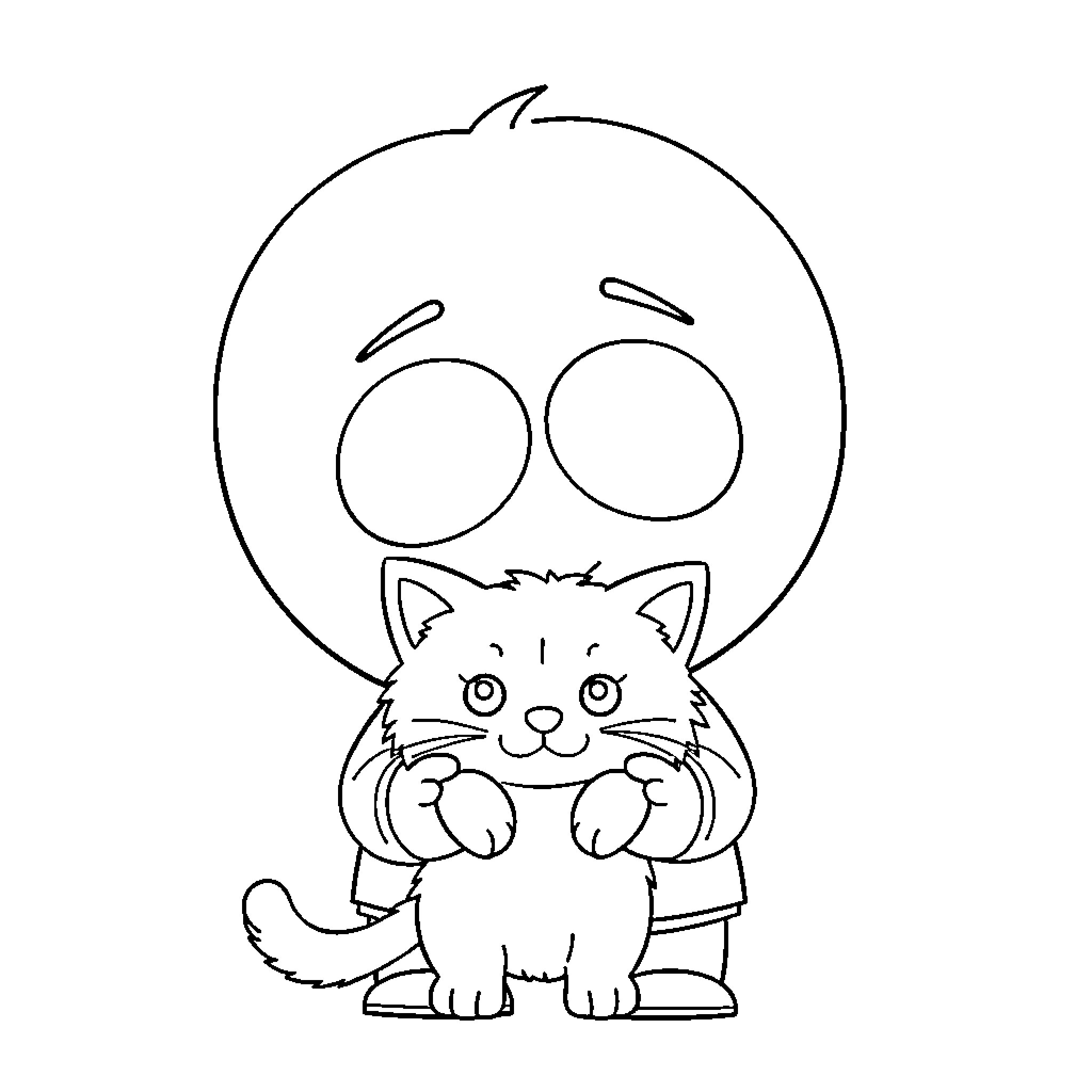 Butters with a curious cat Coloring Page (free black-and-white line drawing printable PDF for all, from beginners to advanced learners, including children, teens, adults, and seniors)