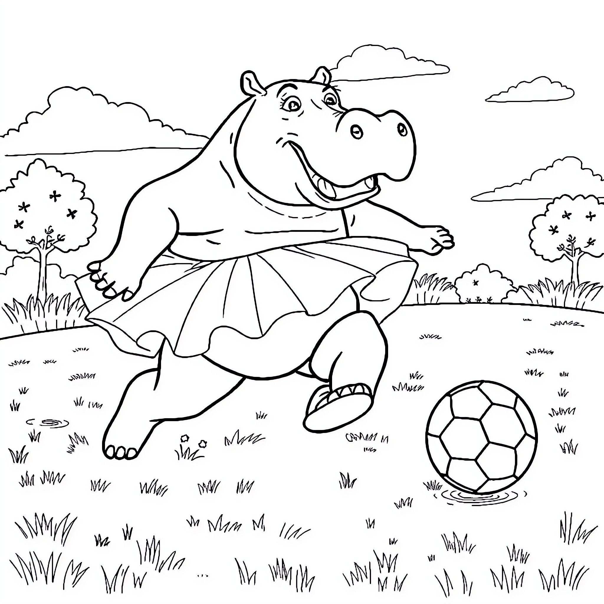 Hippopotamus playing happily with a soccer ball in the park Coloring Page (free black-and-white line drawing printable PDF for all, from beginners to advanced learners, including children, teens, adults, and seniors)