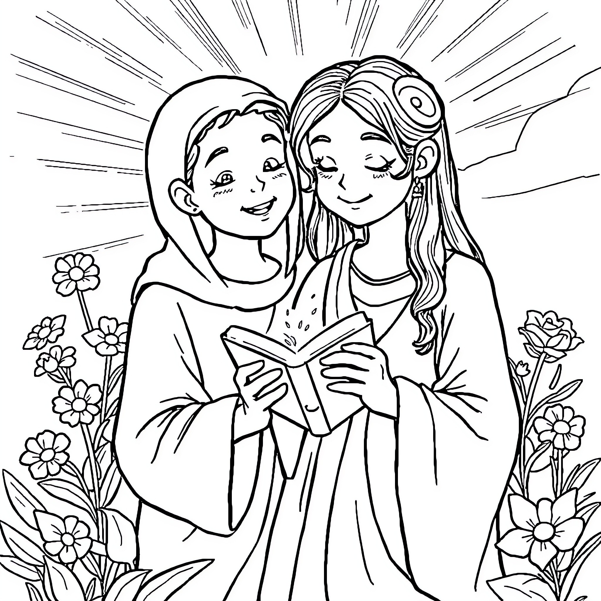 Adolescent Pair Reading Book in Floral Garden Coloring Page (free black-and-white line drawing printable PDF for all, from beginners to advanced learners, including children, teens, adults, and seniors)