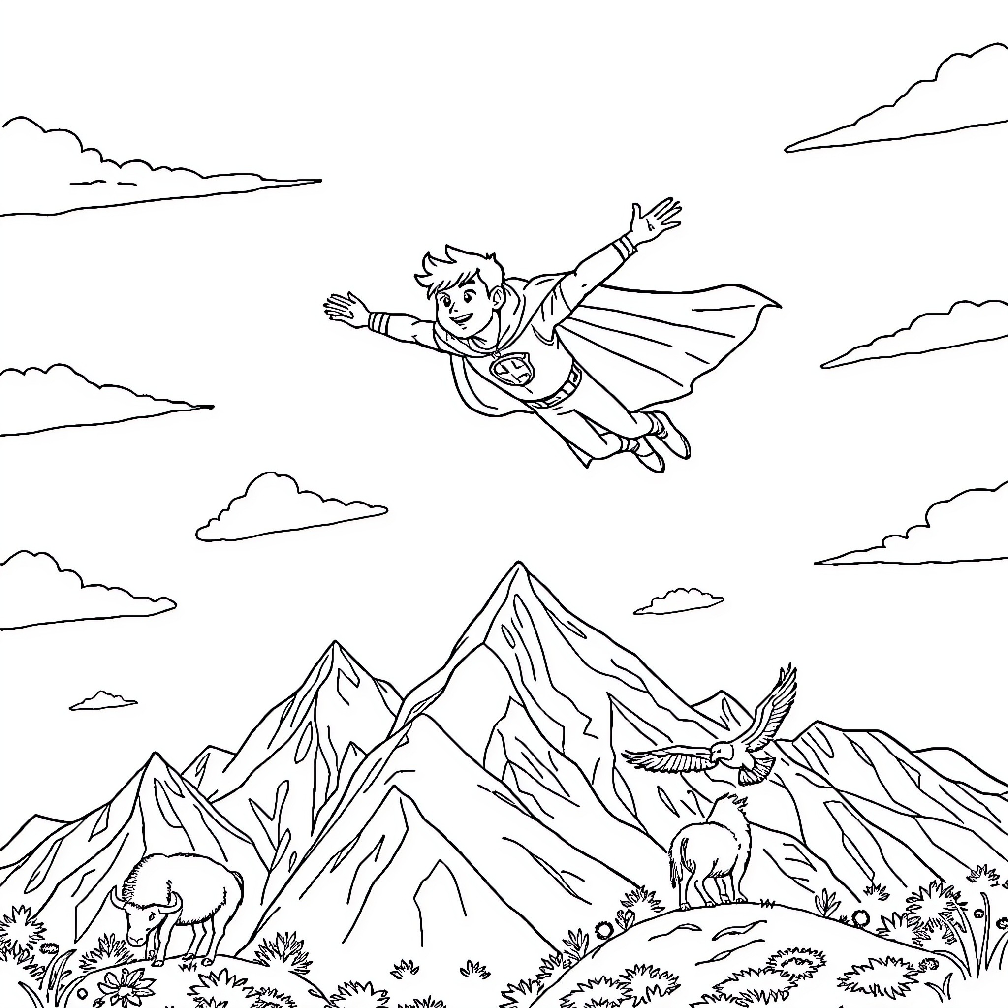 Superman soaring high over majestic mountain landscape Coloring Page (free black-and-white line drawing printable PDF for all, from beginners to advanced learners, including children, teens, adults, and seniors)