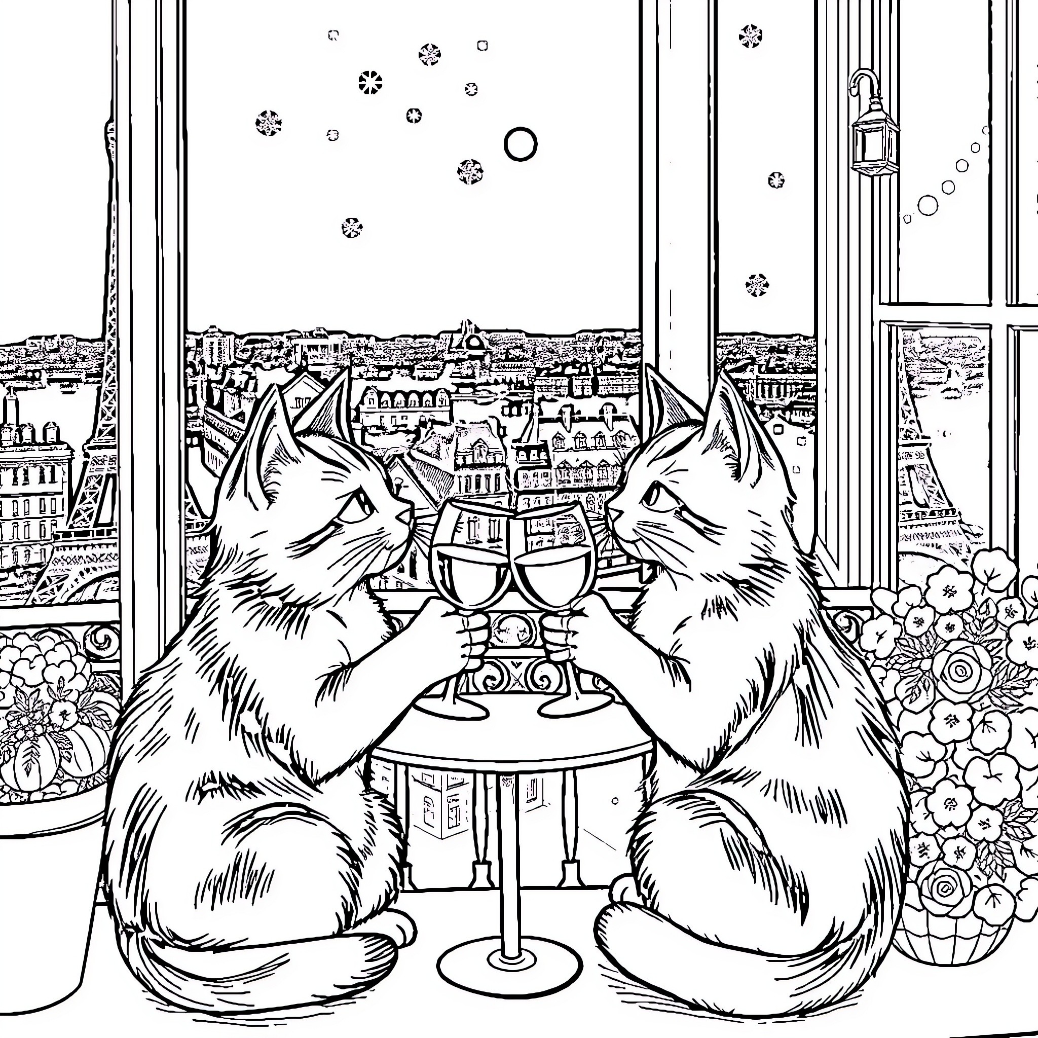 Cats Sharing a Toast by the Window Coloring Page (free black-and-white line drawing printable PDF for all, from beginners to advanced learners, including children, teens, adults, and seniors)