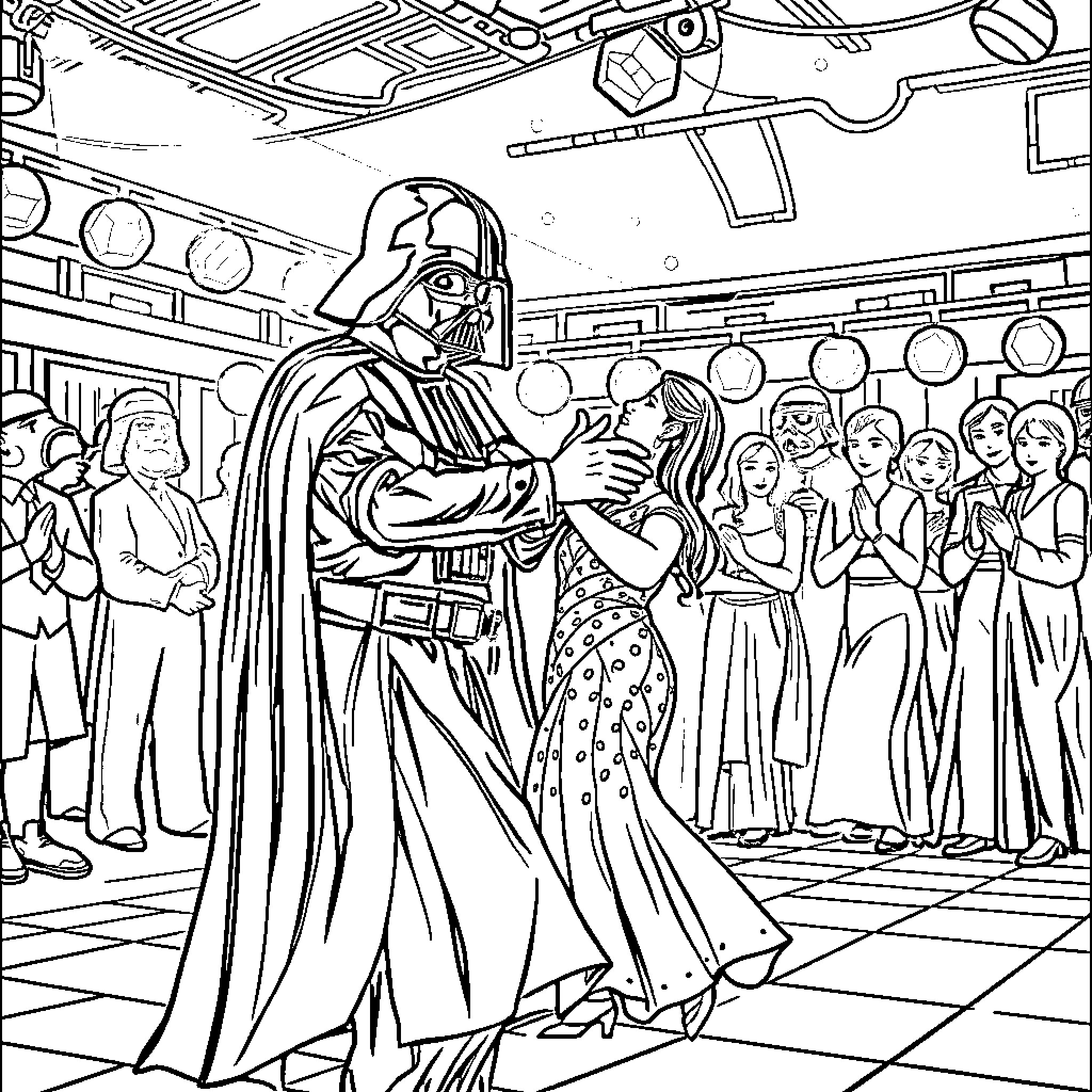 Darth Vader presiding over a formal ceremony Coloring Page (free black-and-white line drawing printable PDF for all, from beginners to advanced learners, including children, teens, adults, and seniors)