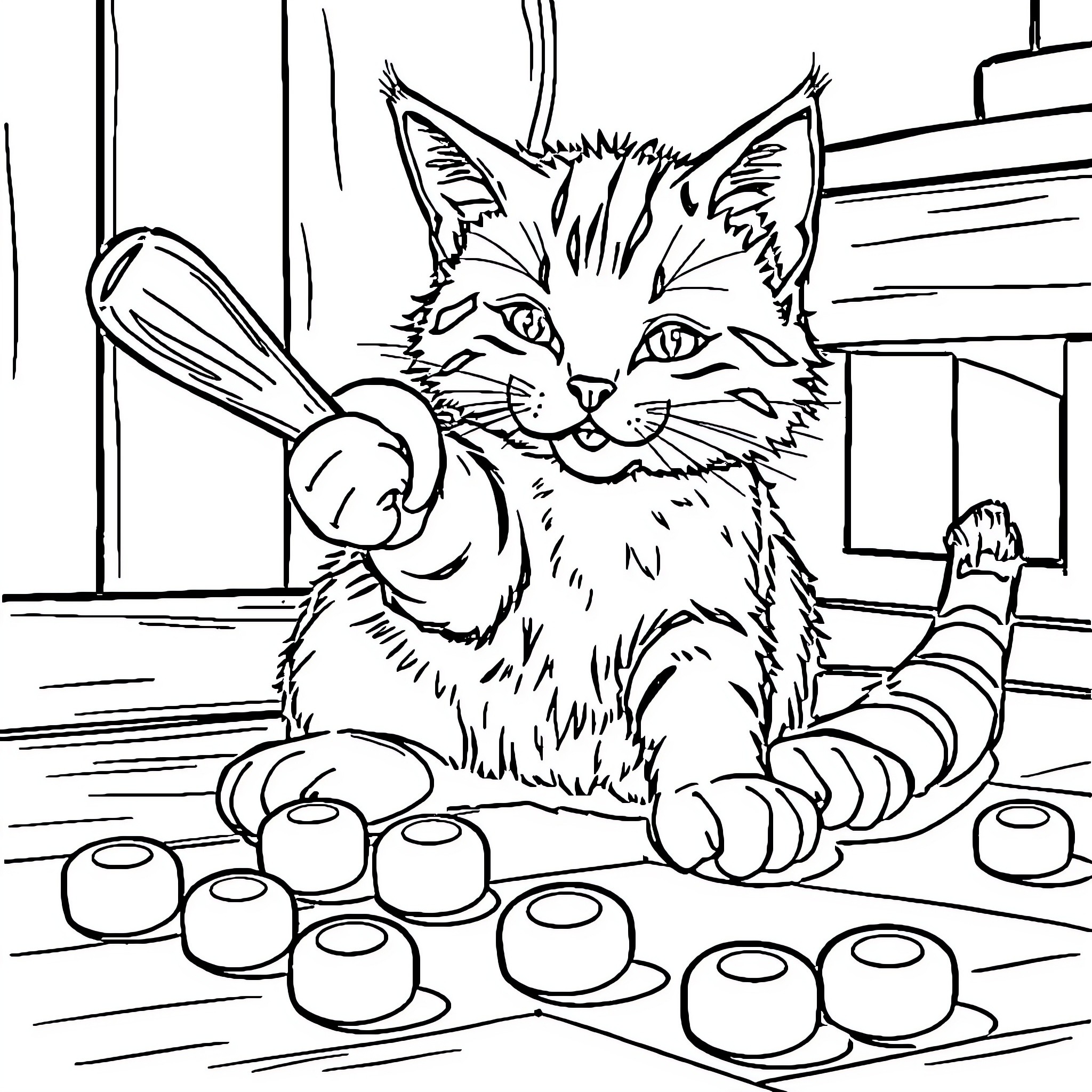 Cat playing with yarn in cozy home Coloring Page (free black-and-white line drawing printable PDF for all, from beginners to advanced learners, including children, teens, adults, and seniors)