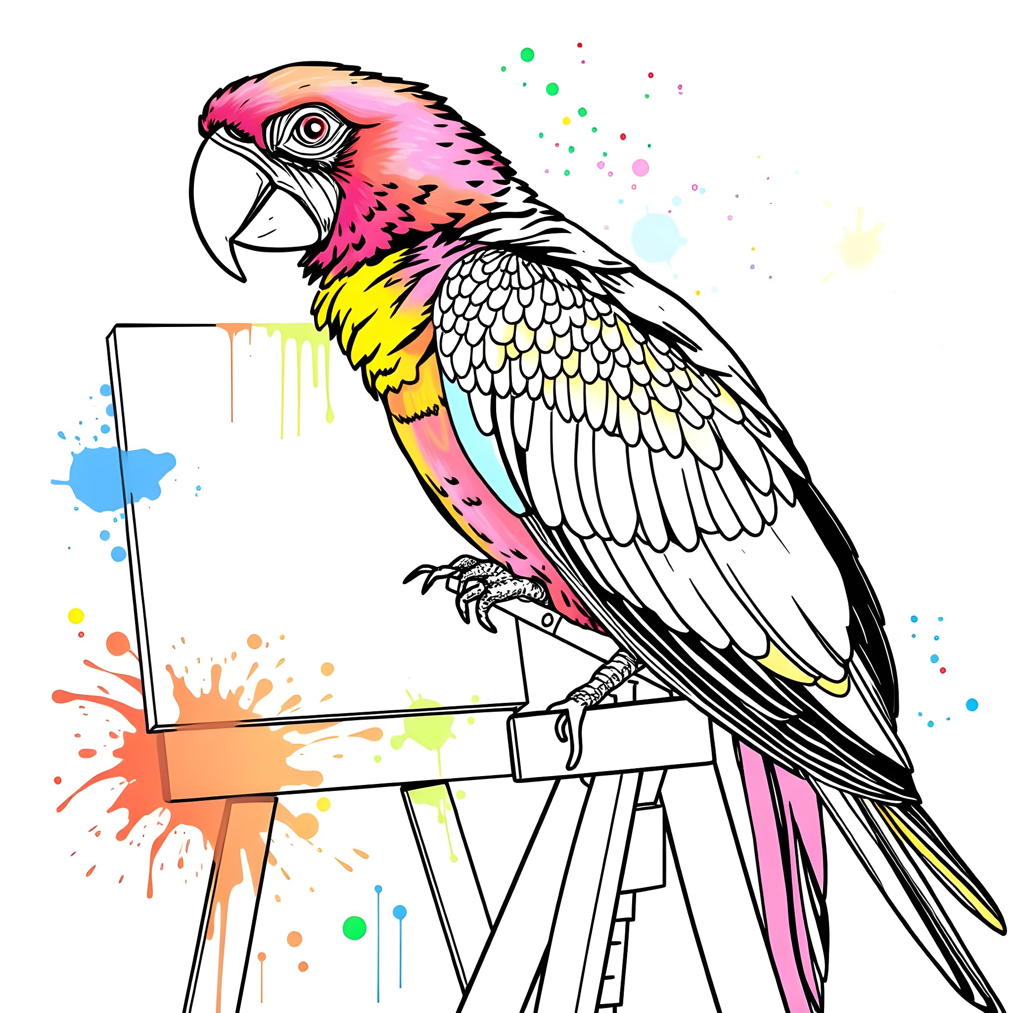 Parrot painting a colorful canvas Coloring Page (free black-and-white line drawing printable PDF for all, from beginners to advanced learners, including children, teens, adults, and seniors)