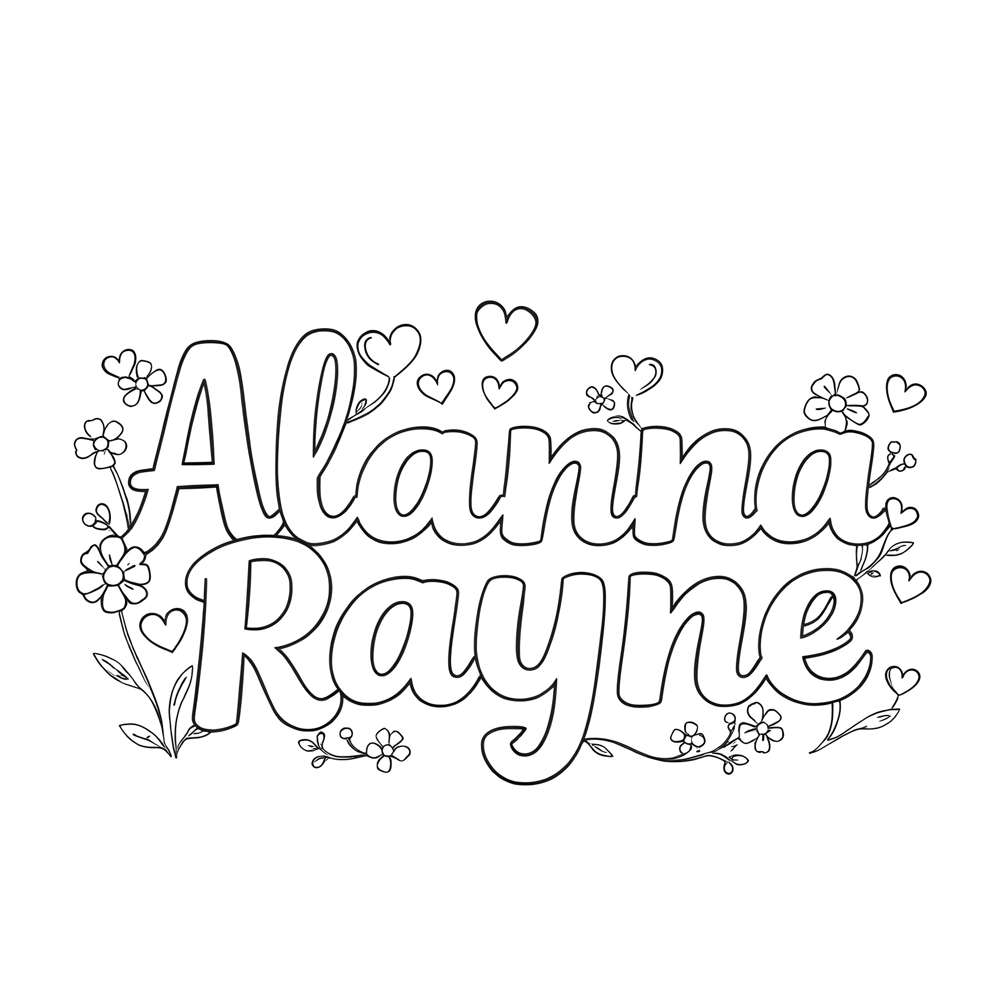 Font of Floral Name Alanna Rayne Coloring Page (free black-and-white line drawing printable PDF for all, from beginners to advanced learners, including children, teens, adults, and seniors)