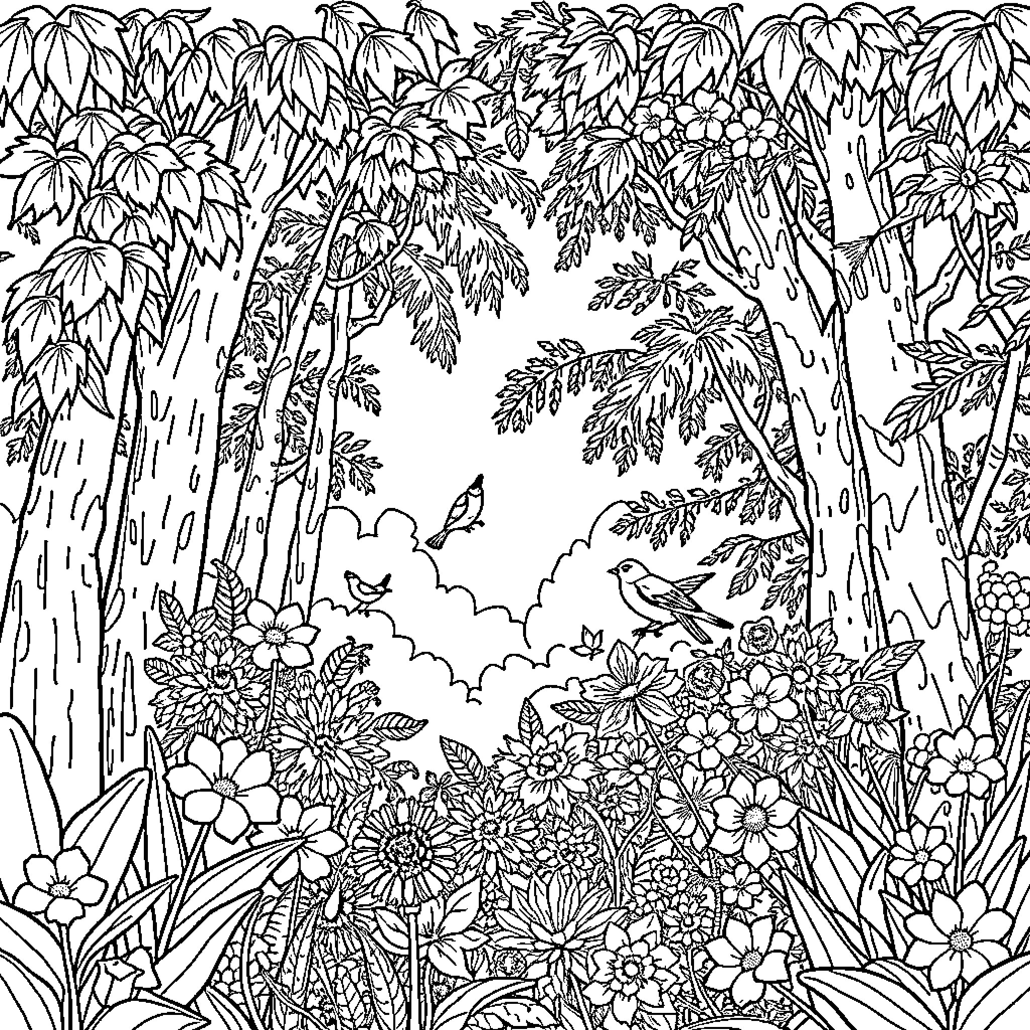 Nature's Lush Floral Wonderland Coloring Page (free black-and-white line drawing printable PDF for all, from beginners to advanced learners, including children, teens, adults, and seniors)