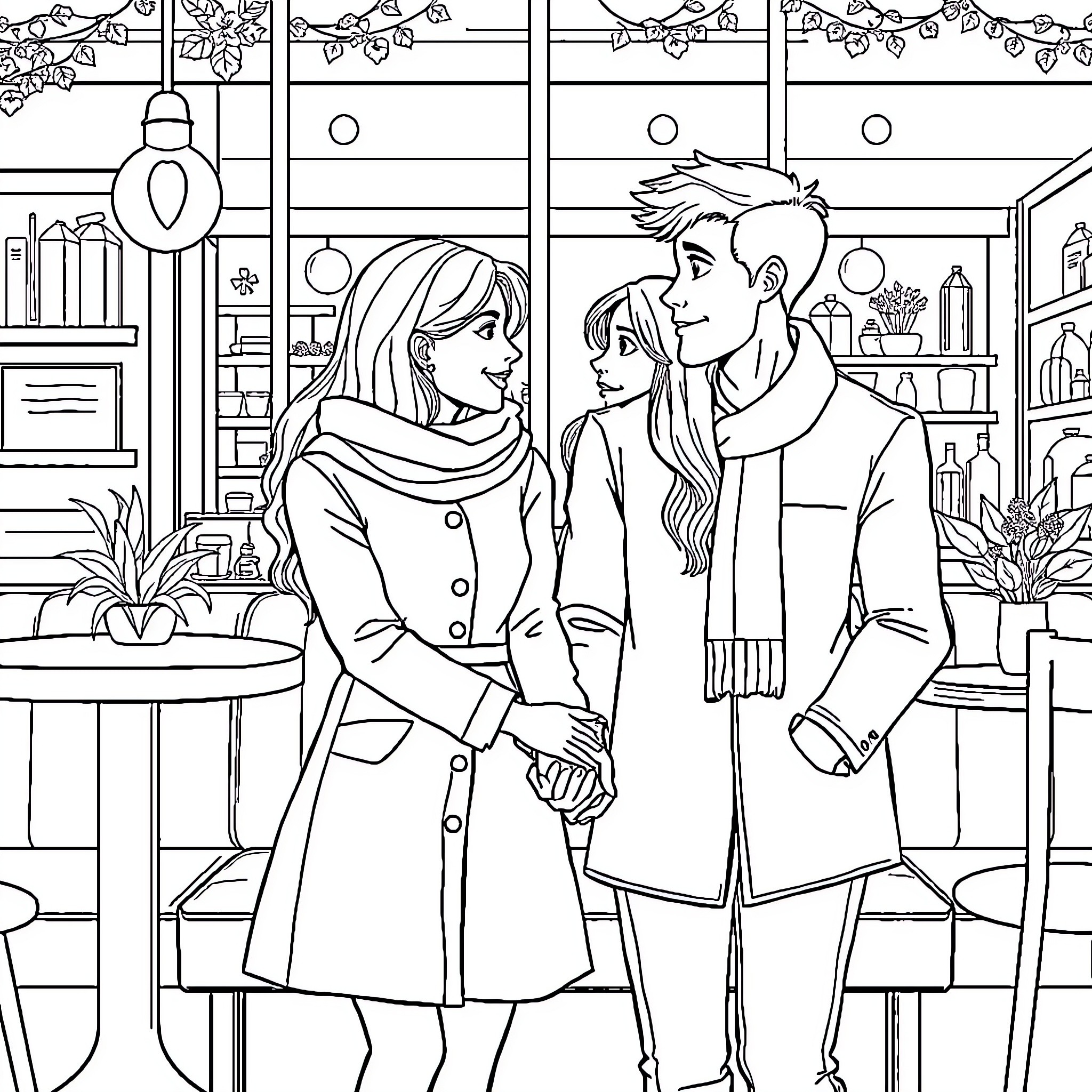 Love's Winter Stroll: Couple Enjoying the Season Coloring Page (free black-and-white line drawing printable PDF for all, from beginners to advanced learners, including children, teens, adults, and seniors)