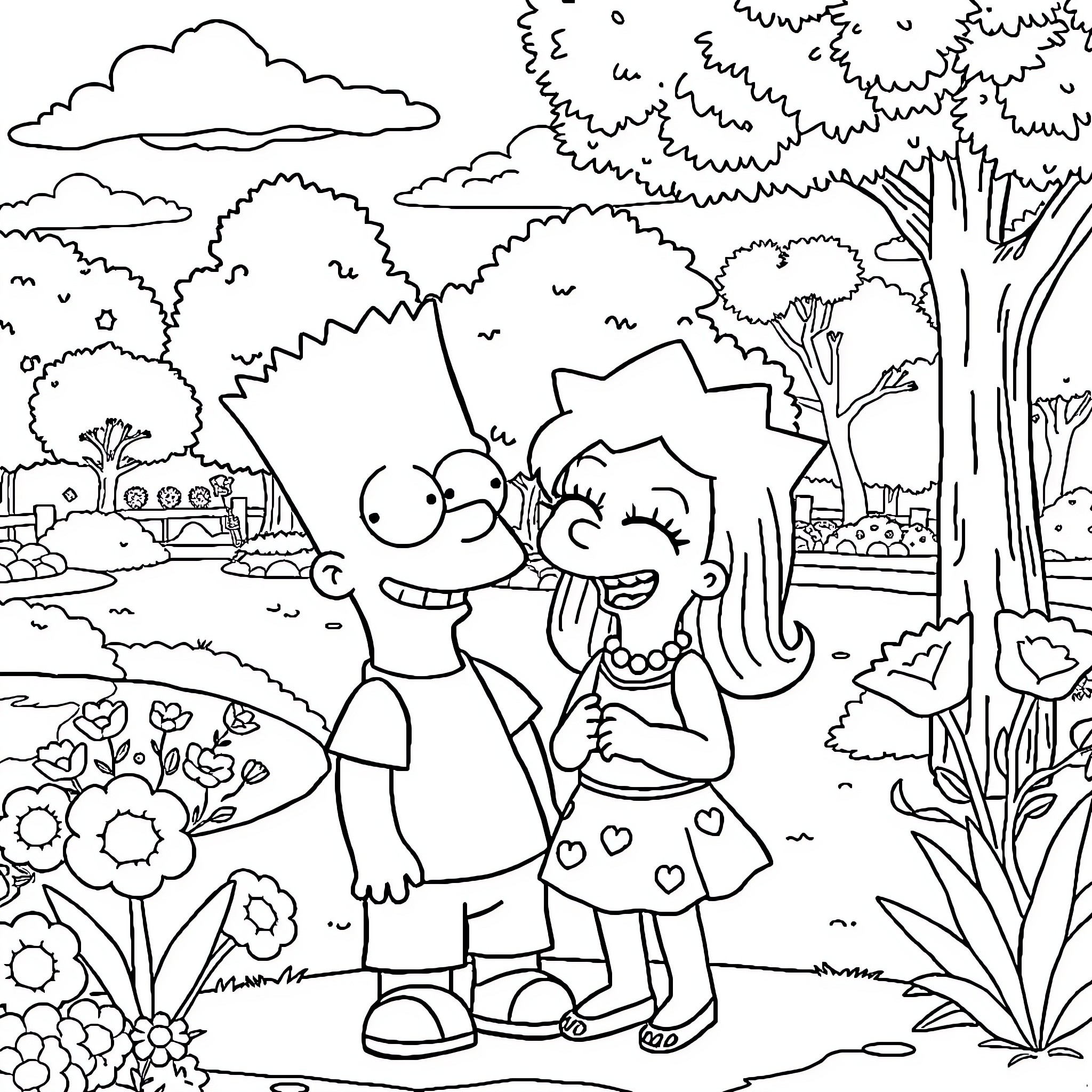 Bart Simpson and Lisa enjoying a day in the park Coloring Page (free black-and-white line drawing printable PDF for all, from beginners to advanced learners, including children, teens, adults, and seniors)