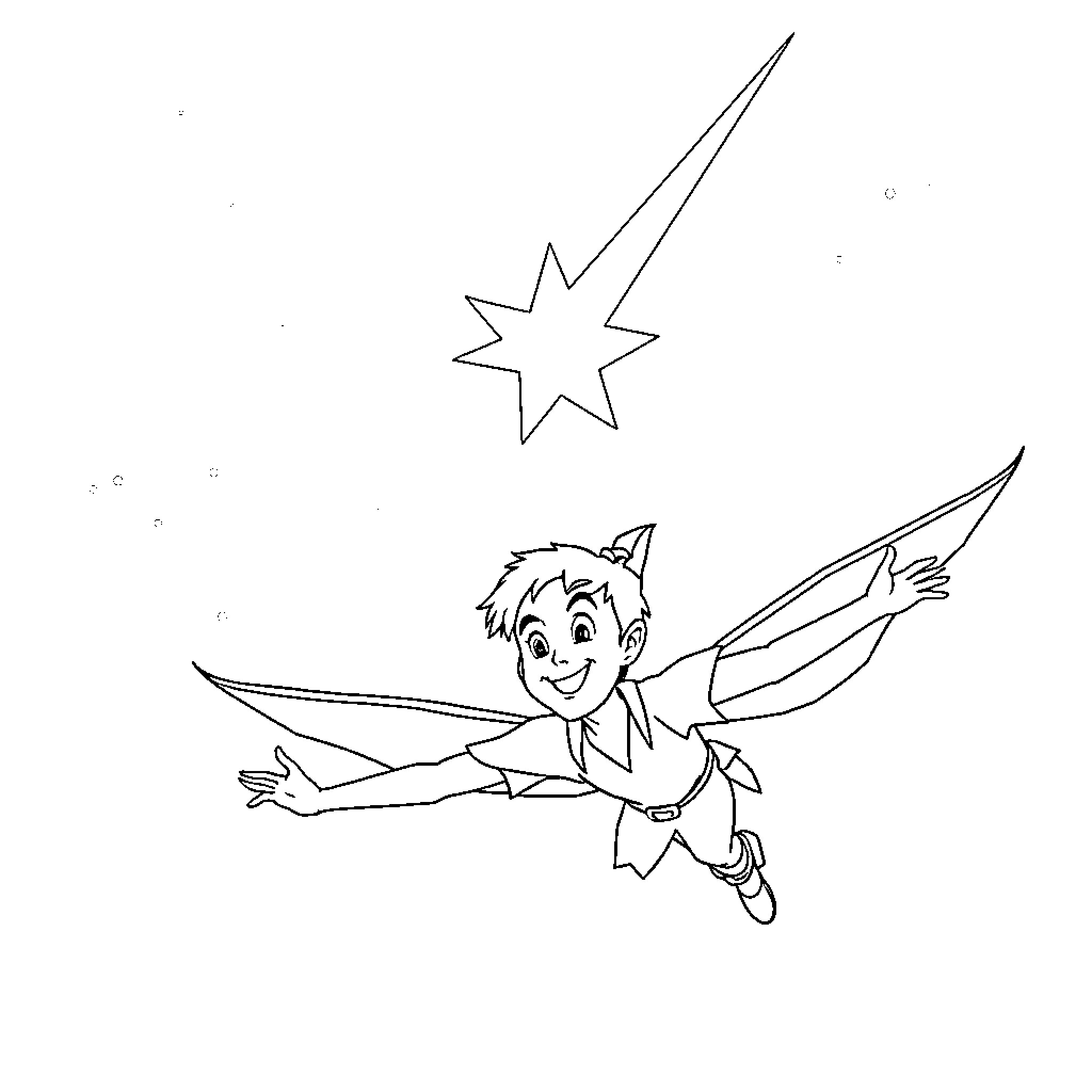 Shooting Star Child Flying Joyfully Coloring Page (free black-and-white line drawing printable PDF for all, from beginners to advanced learners, including children, teens, adults, and seniors)