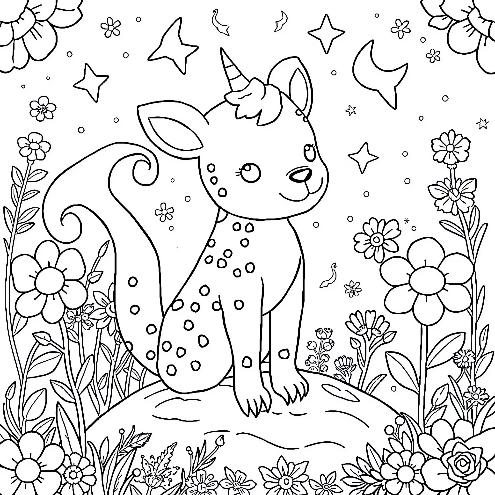 Animal playing with flowers and stars in nature Coloring Page (free black-and-white line drawing printable PDF for all, from beginners to advanced learners, including children, teens, adults, and seniors)
