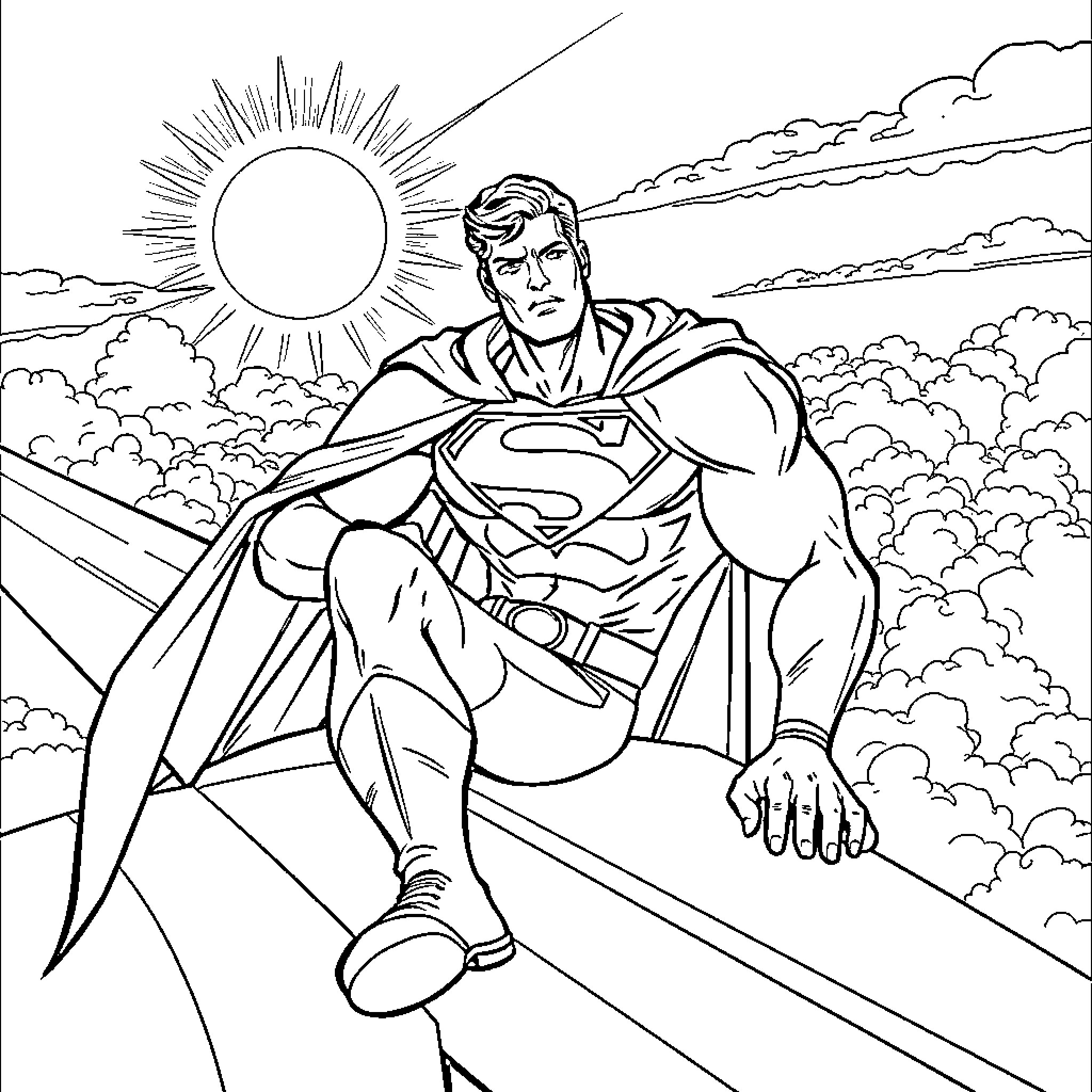 Superman soaring through the sky on a sunny day Coloring Page (free black-and-white line drawing printable PDF for all, from beginners to advanced learners, including children, teens, adults, and seniors)