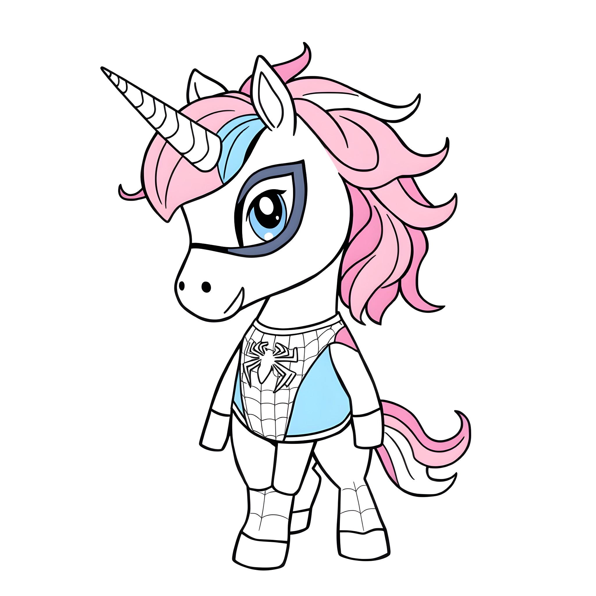 Unicorn superhero in cute outfit Coloring Page (free black-and-white line drawing printable PDF for all, from beginners to advanced learners, including children, teens, adults, and seniors)