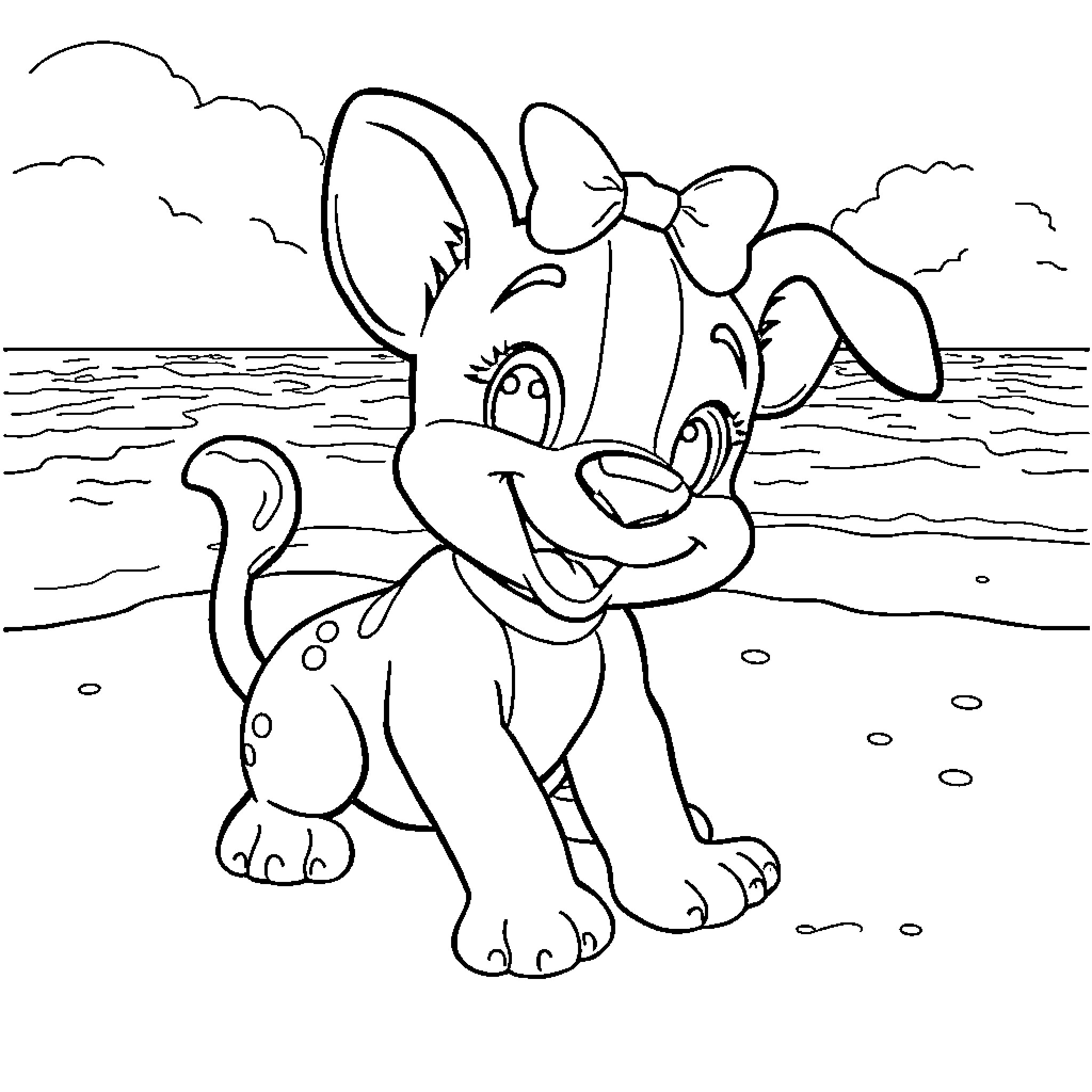 Bonnie the puppy explores the beach Coloring Page (free black-and-white line drawing printable PDF for all, from beginners to advanced learners, including children, teens, adults, and seniors)