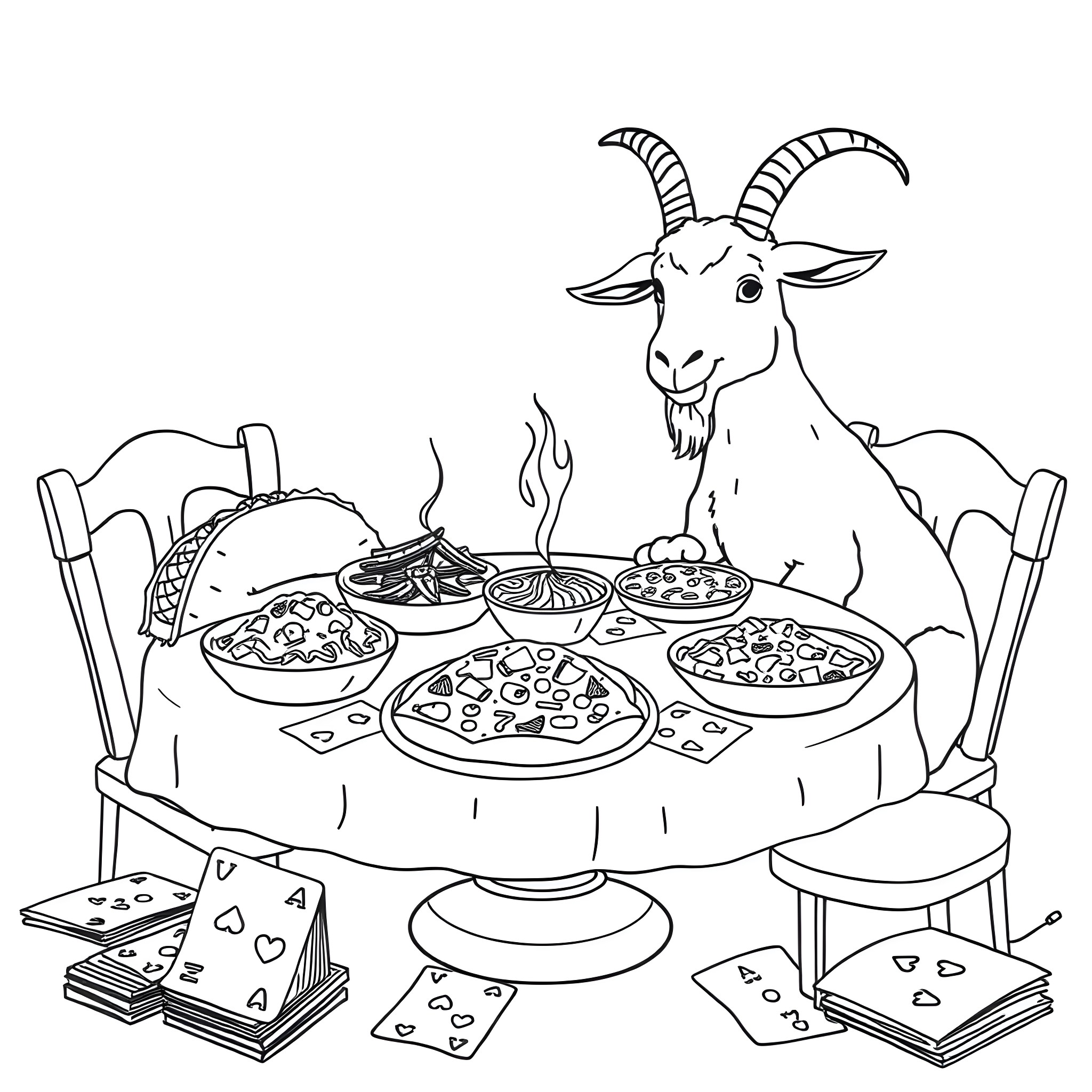 Taco party with a happy goat Coloring Page (free black-and-white line drawing printable PDF for all, from beginners to advanced learners, including children, teens, adults, and seniors)