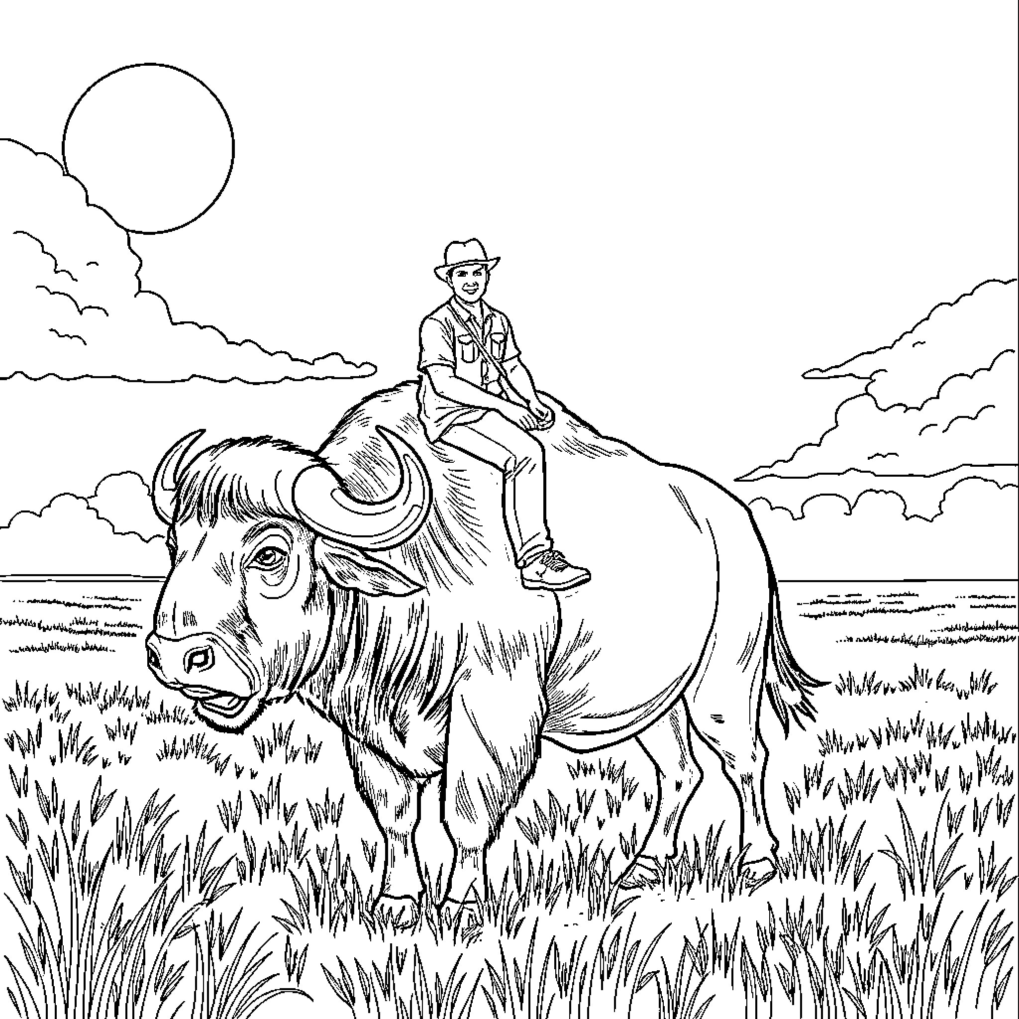 Buffalo rider in the countryside landscape Coloring Page (free black-and-white line drawing printable PDF for all, from beginners to advanced learners, including children, teens, adults, and seniors)