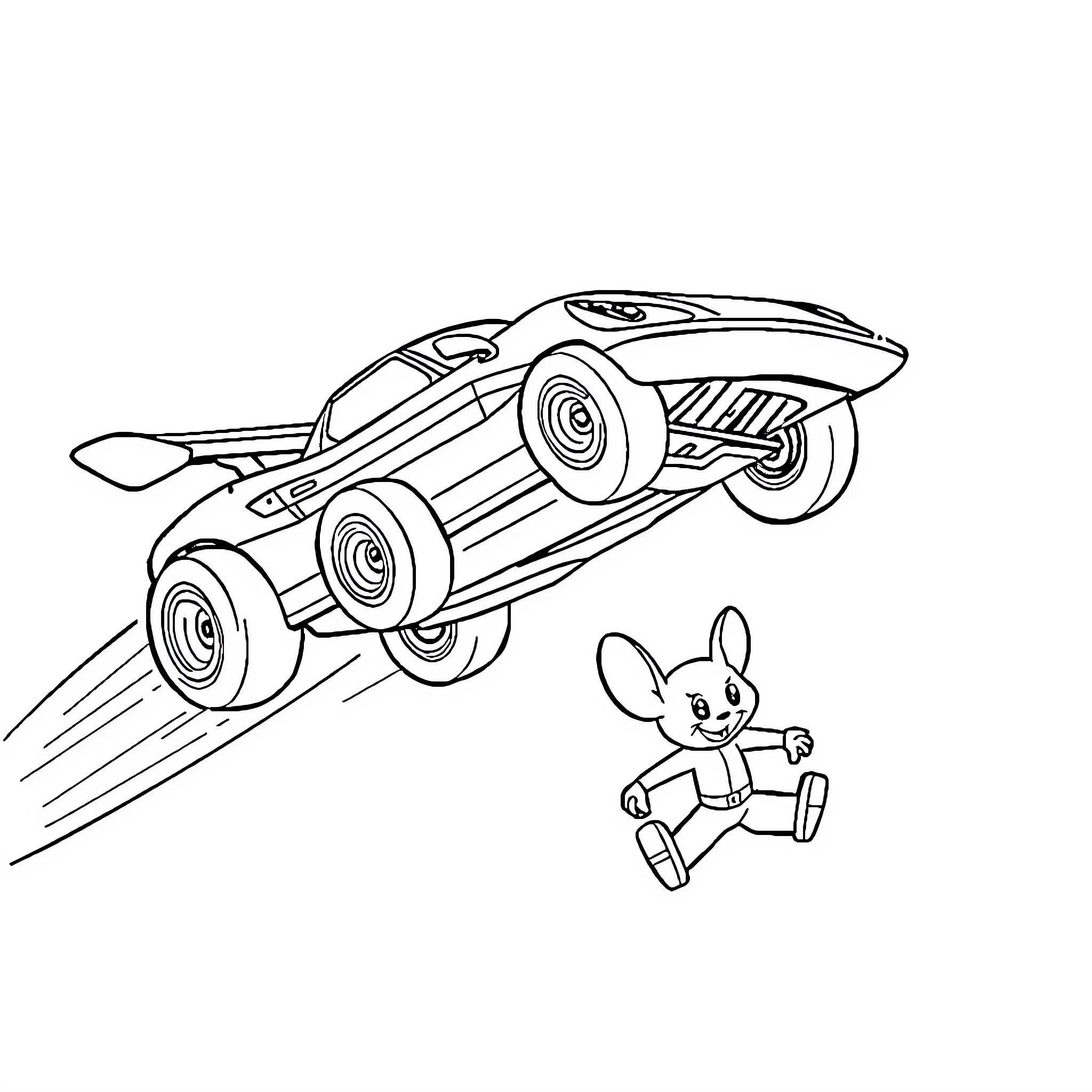 Racing Car Speeding Past Cartoon Bunny Coloring Page (free black-and-white line drawing printable PDF for all, from beginners to advanced learners, including children, teens, adults, and seniors)