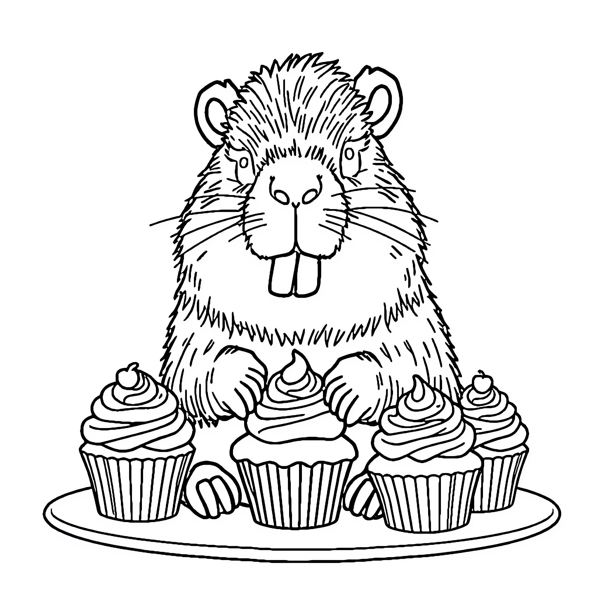 Capybara surrounded by delicious cupcakes Coloring Page (free black-and-white line drawing printable PDF for all, from beginners to advanced learners, including children, teens, adults, and seniors)