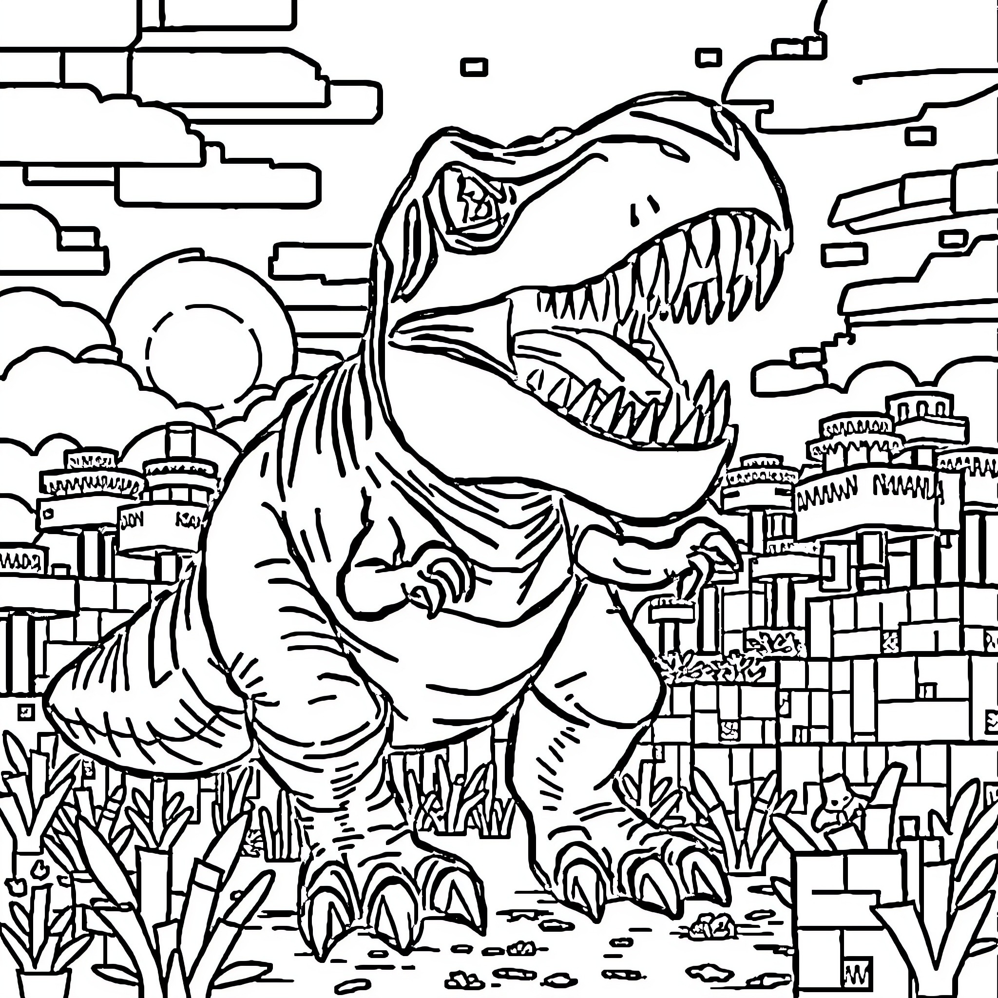 T-Rex Stomping Through a Cityscape Coloring Page (free black-and-white line drawing printable PDF for all, from beginners to advanced learners, including children, teens, adults, and seniors)