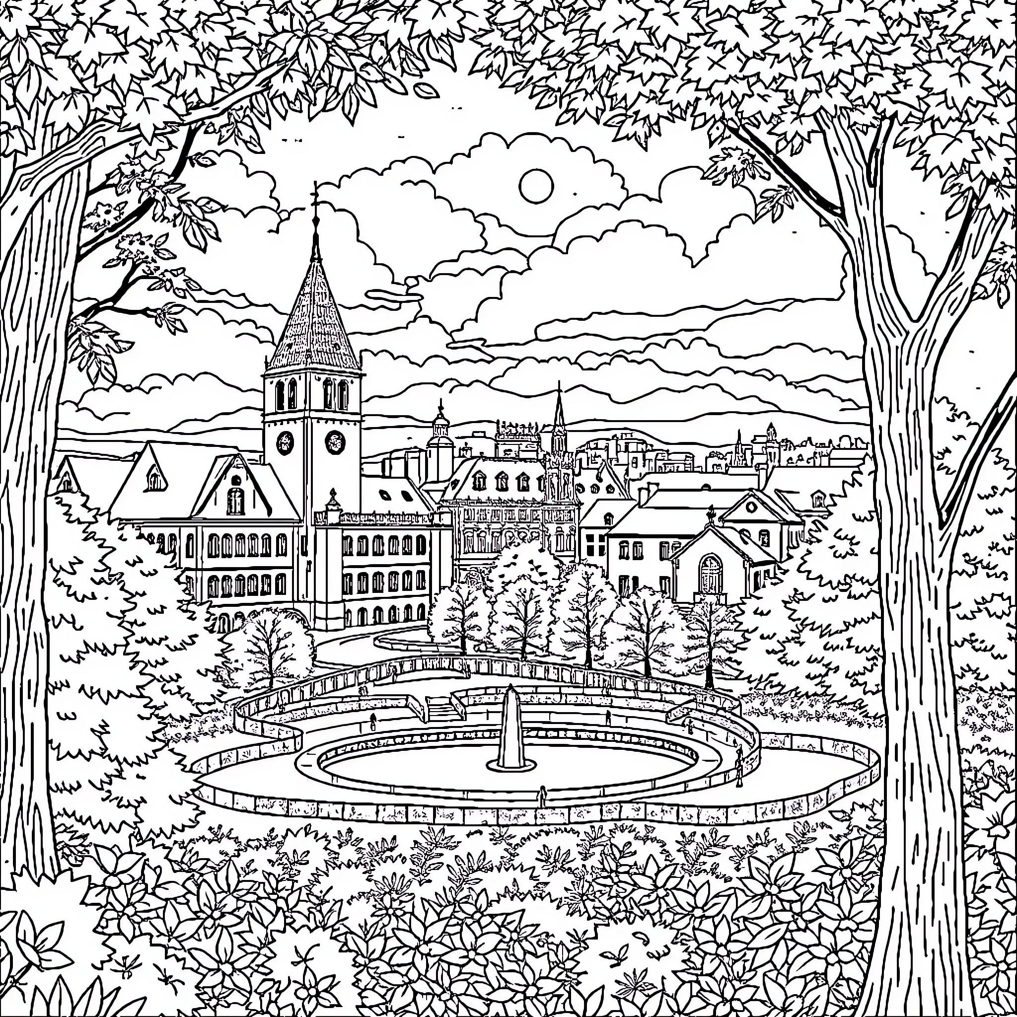 Bochum: Scenic view of historic architecture and a fountain Coloring Page (free black-and-white line drawing printable PDF for all, from beginners to advanced learners, including children, teens, adults, and seniors)