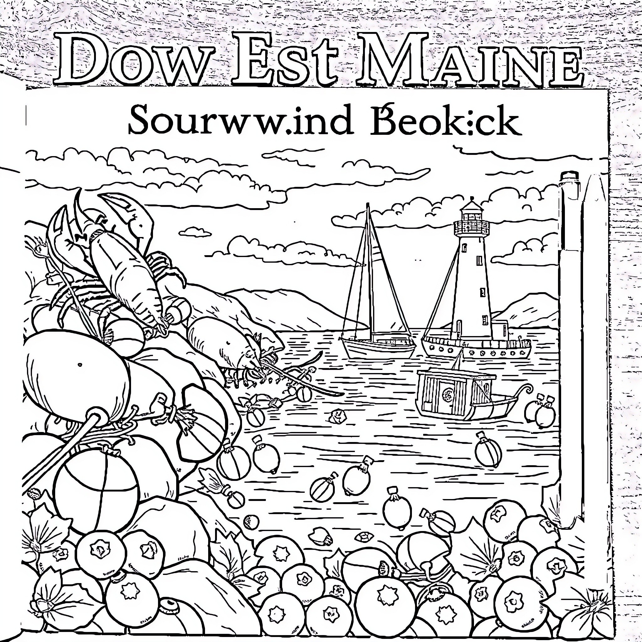 Maine Coastal Scenery with Sailing Boats and Lighthouse Coloring Page (free black-and-white line drawing printable PDF for all, from beginners to advanced learners, including children, teens, adults, and seniors)