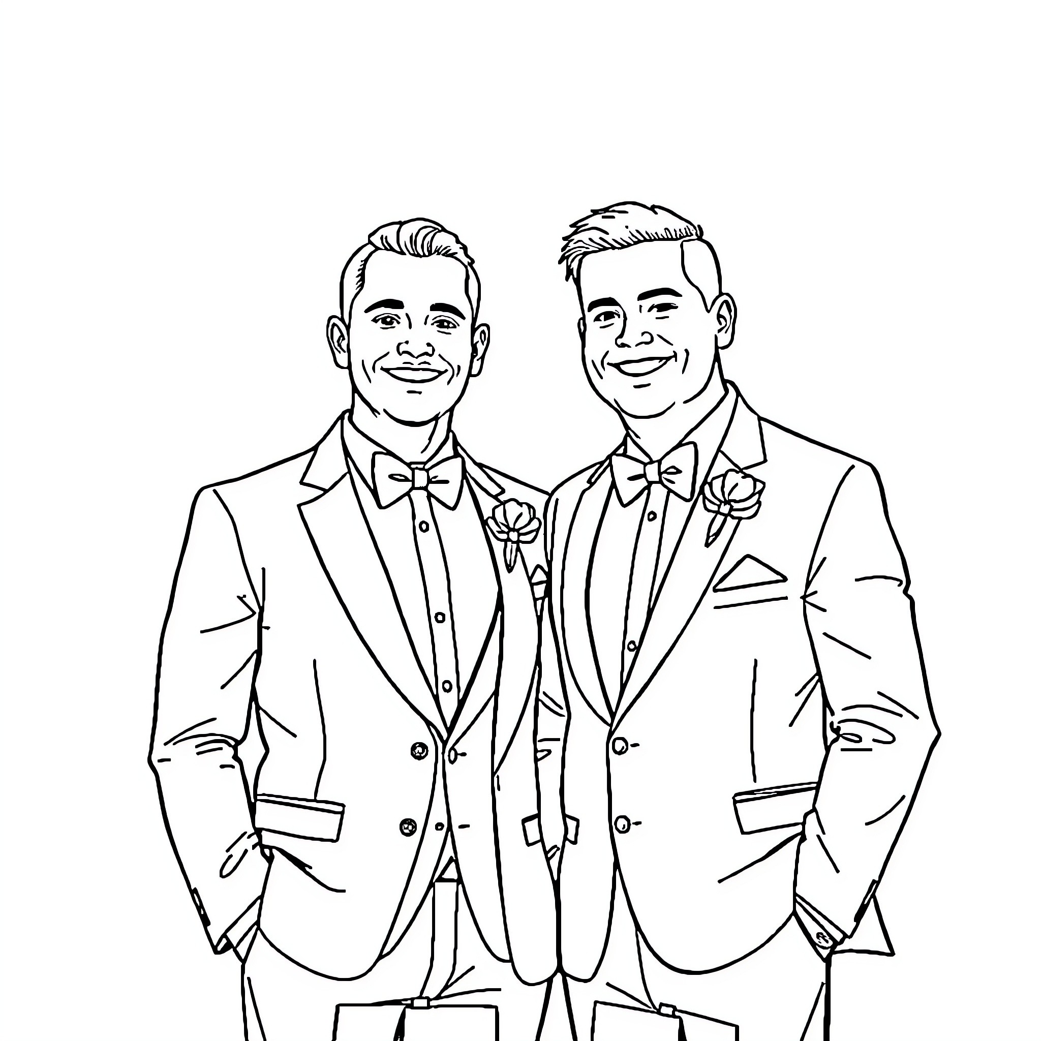 Groom posing with best man on wedding day Coloring Page (free black-and-white line drawing printable PDF for all, from beginners to advanced learners, including children, teens, adults, and seniors)