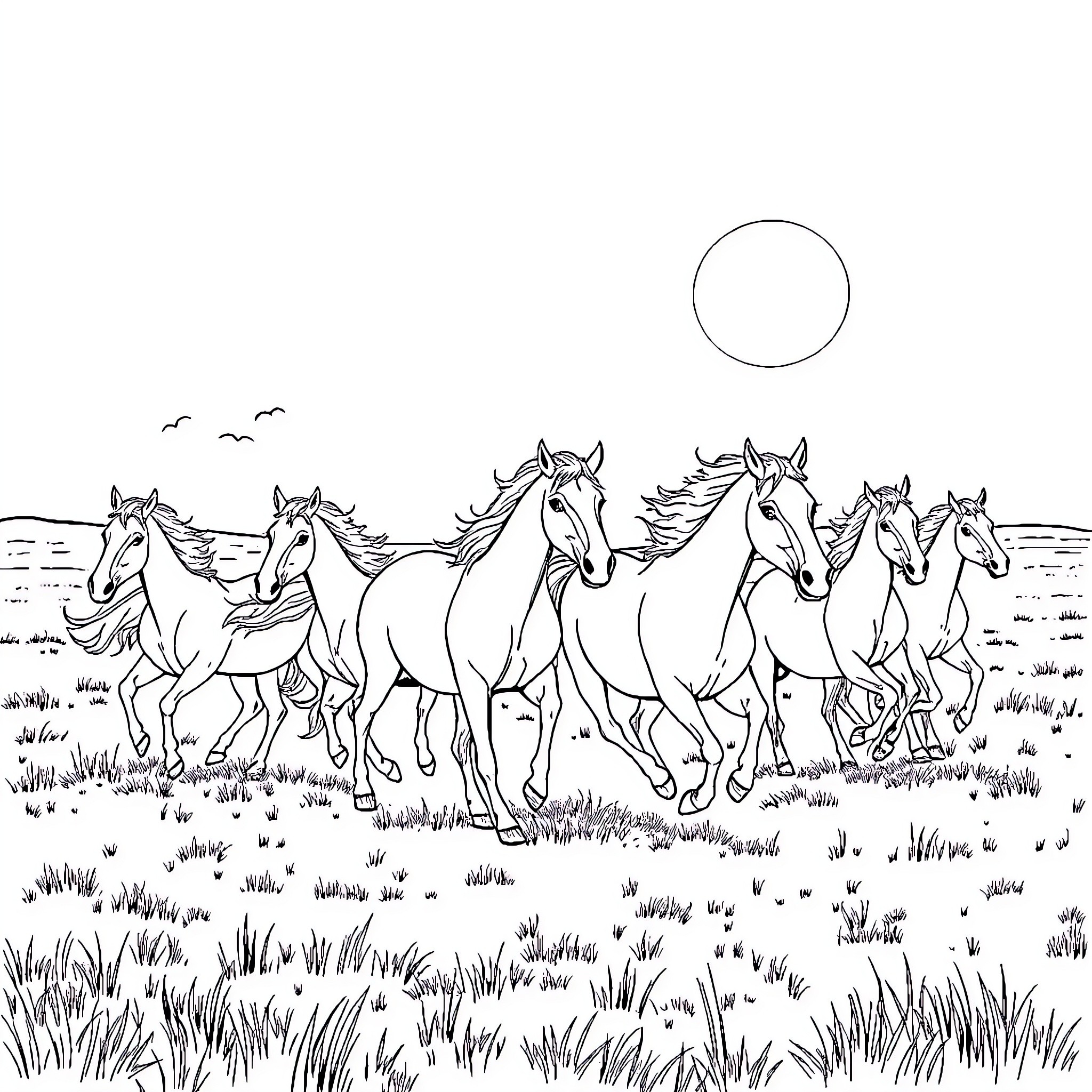Horse Herd Running Freely in the Grassy Field Coloring Page (free black-and-white line drawing printable PDF for all, from beginners to advanced learners, including children, teens, adults, and seniors)