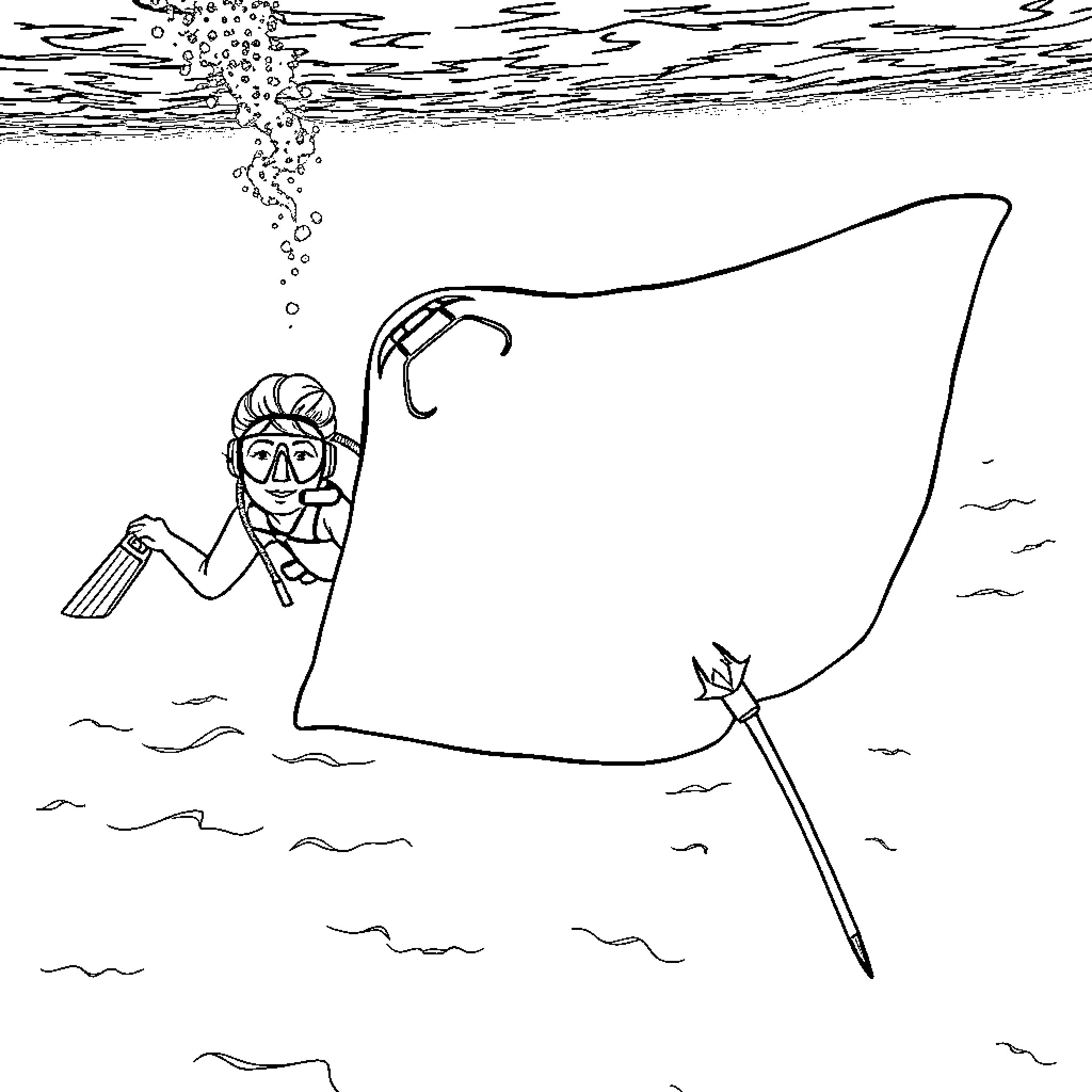 Scuba Diver Exploring the Underwater World Coloring Page (free black-and-white line drawing printable PDF for all, from beginners to advanced learners, including children, teens, adults, and seniors)