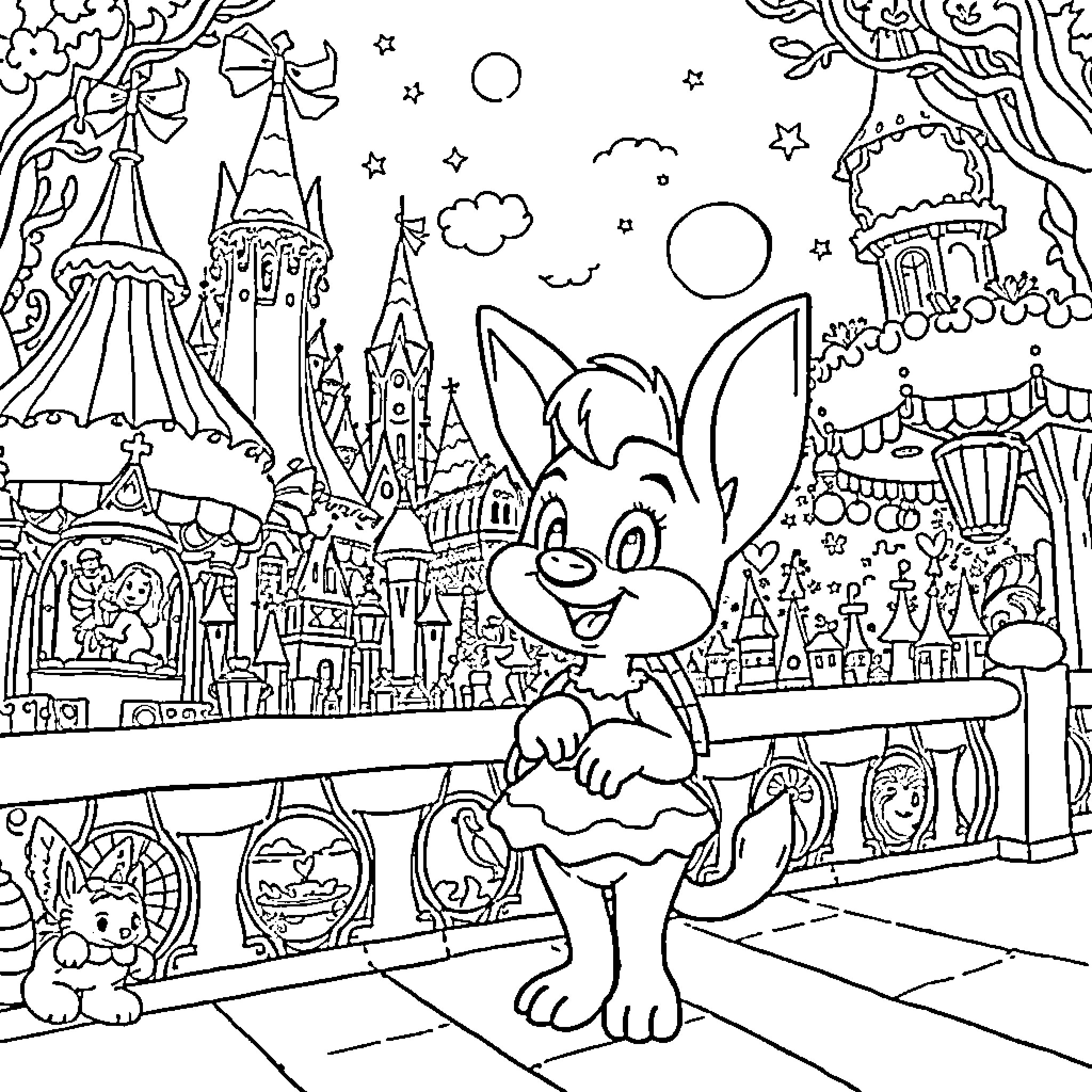 Bluey's Magical Adventure in Wonderland Coloring Page (free black-and-white line drawing printable PDF for all, from beginners to advanced learners, including children, teens, adults, and seniors)