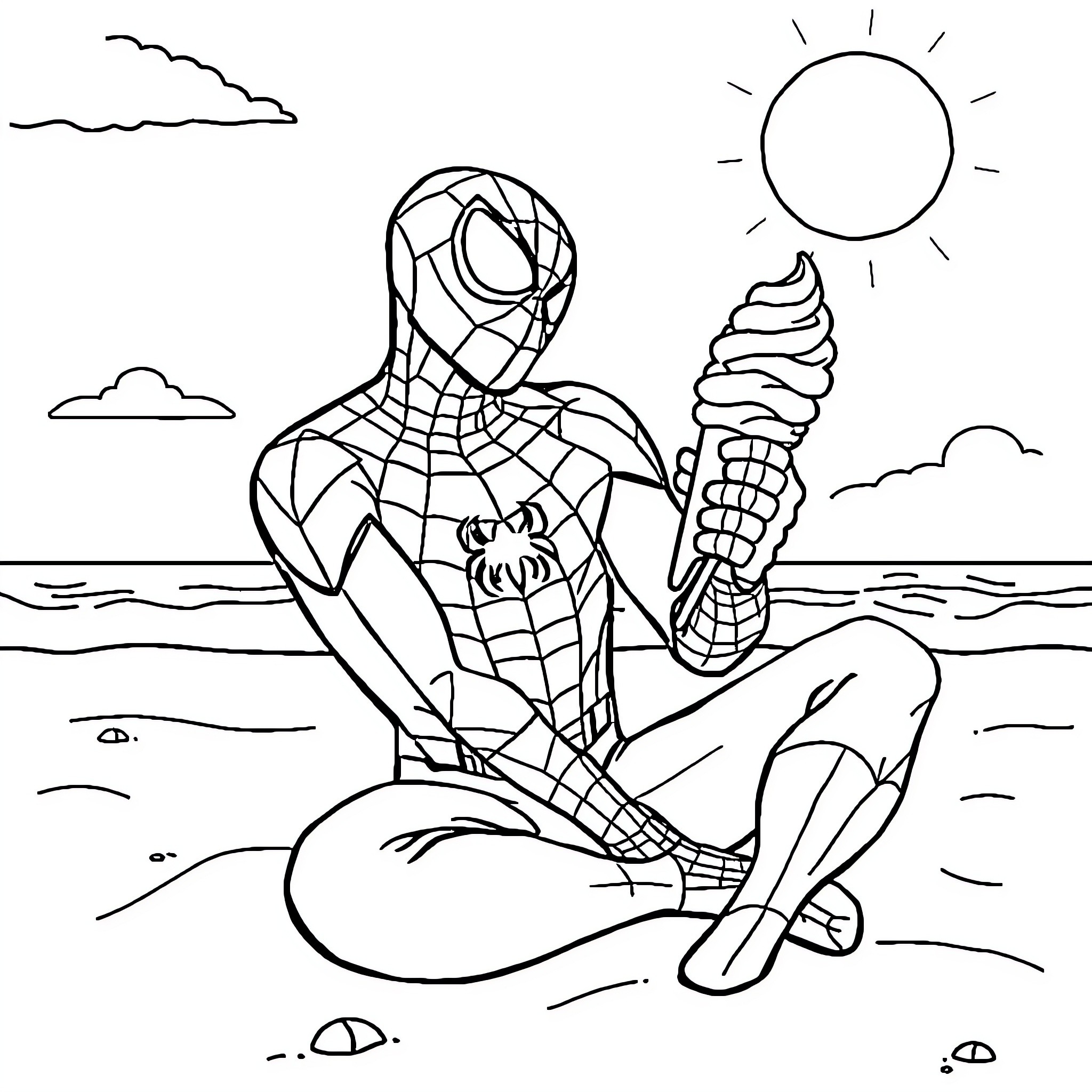 Spiderman enjoying an ice cream on the beach Coloring Page (free black-and-white line drawing printable PDF for all, from beginners to advanced learners, including children, teens, adults, and seniors)