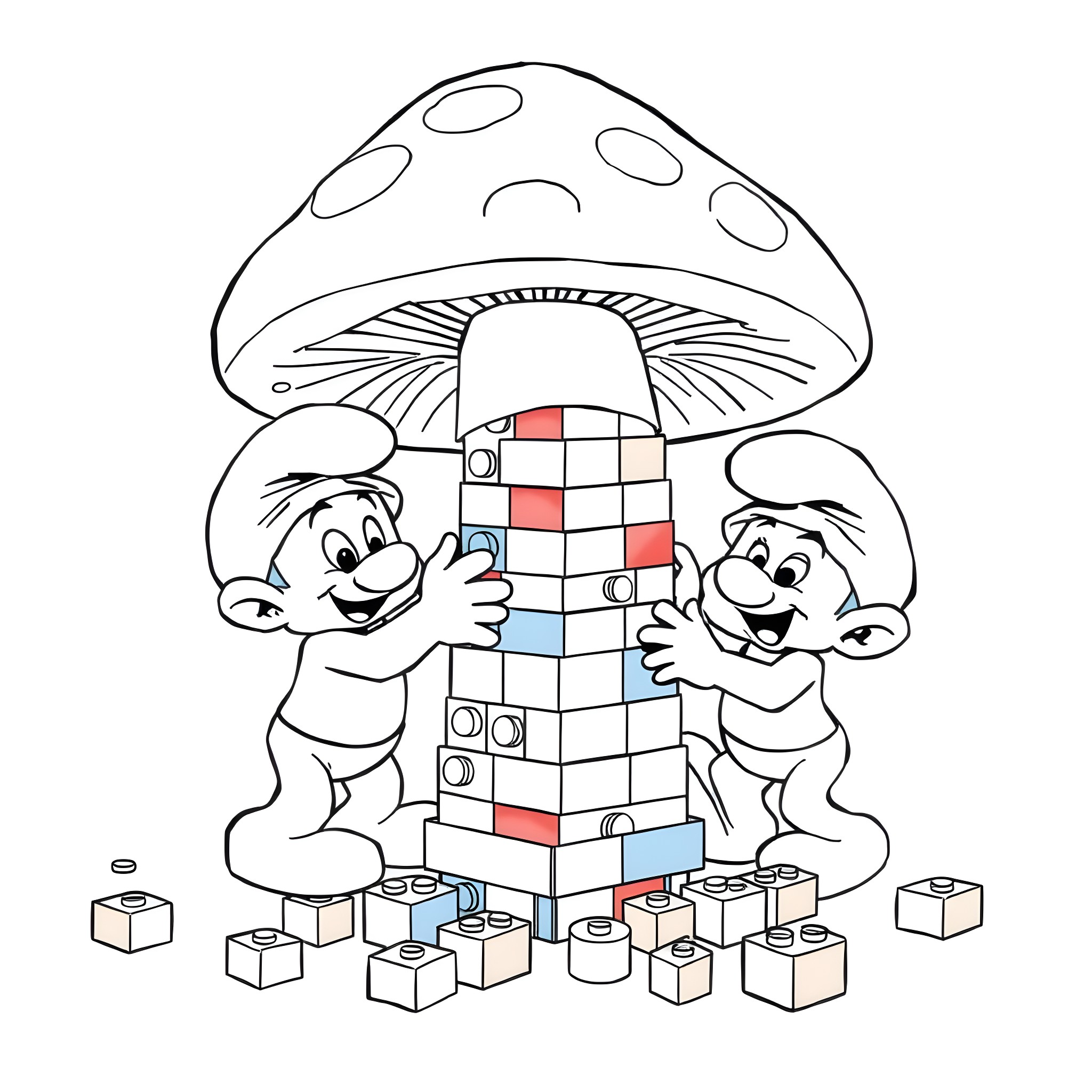 Smurfs building a colorful mushroom tower Coloring Page (free black-and-white line drawing printable PDF for all, from beginners to advanced learners, including children, teens, adults, and seniors)
