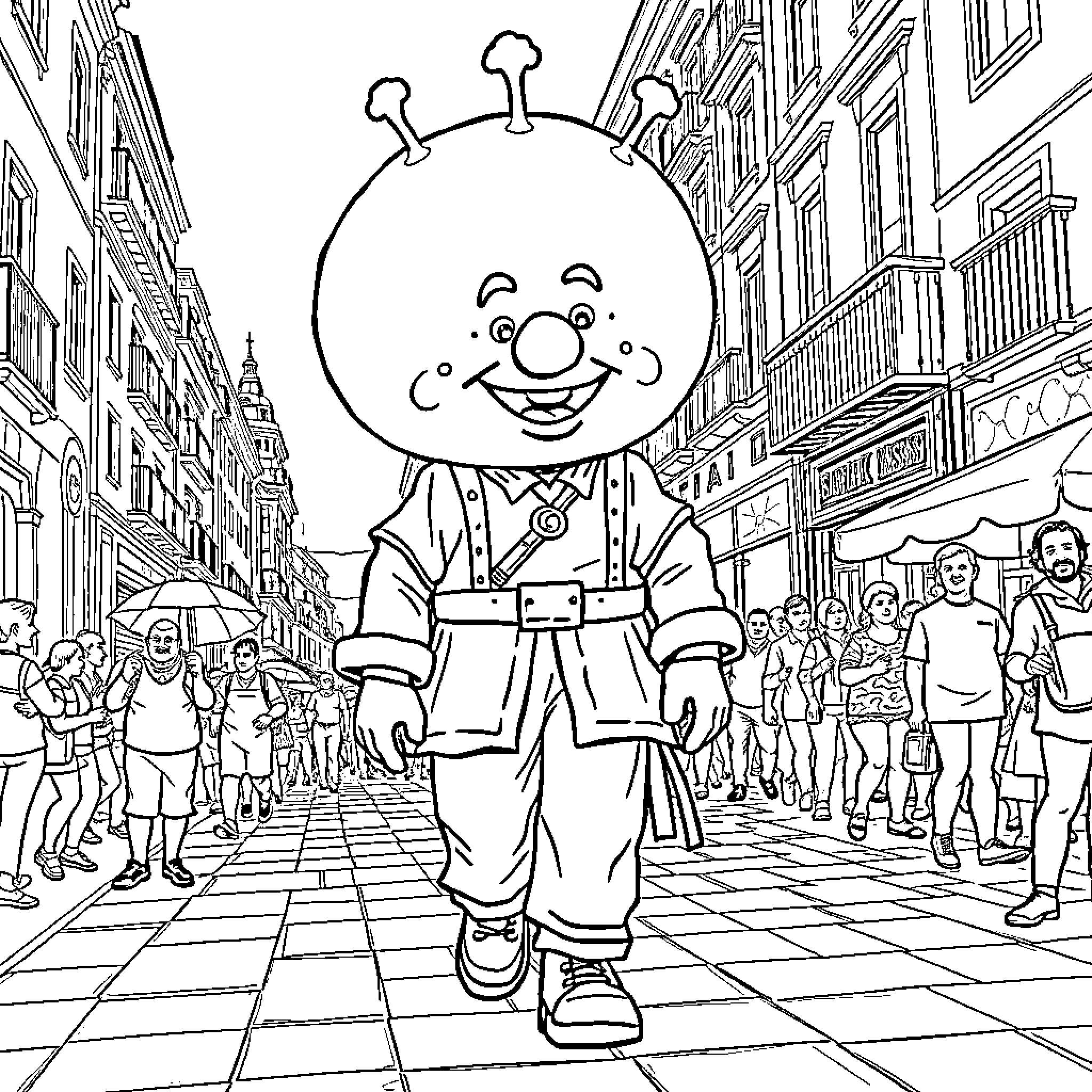 Cabezudo character parading in a crowded city street Coloring Page (free black-and-white line drawing printable PDF for all, from beginners to advanced learners, including children, teens, adults, and seniors)
